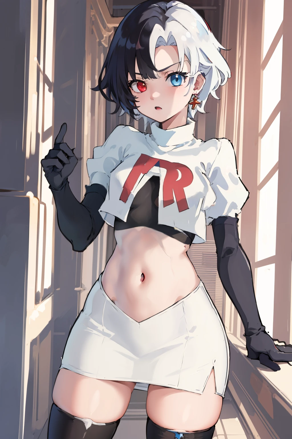 masterpiece, detailed, high quality, absurdres, penrose, 1girl, solo, heterochromia, red eyes, blue eyes, small breasts, curvy, cowboy shot, team rocket,team rocket uniform, red letter R, white skirt,white crop top,black thigh-highs, black elbow gloves,