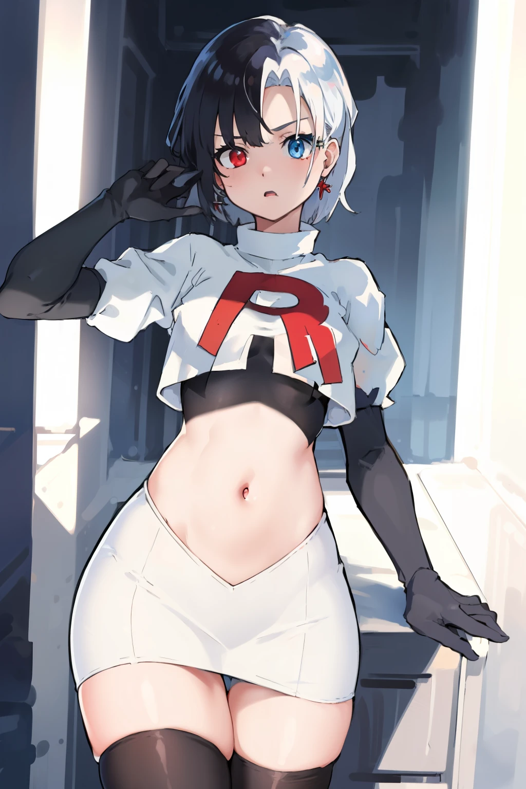 masterpiece, detailed, high quality, absurdres, penrose, 1girl, solo, heterochromia, red eyes, blue eyes, small breasts, curvy, cowboy shot, team rocket,team rocket uniform, red letter R, white skirt,white crop top,black thigh-highs, black elbow gloves,