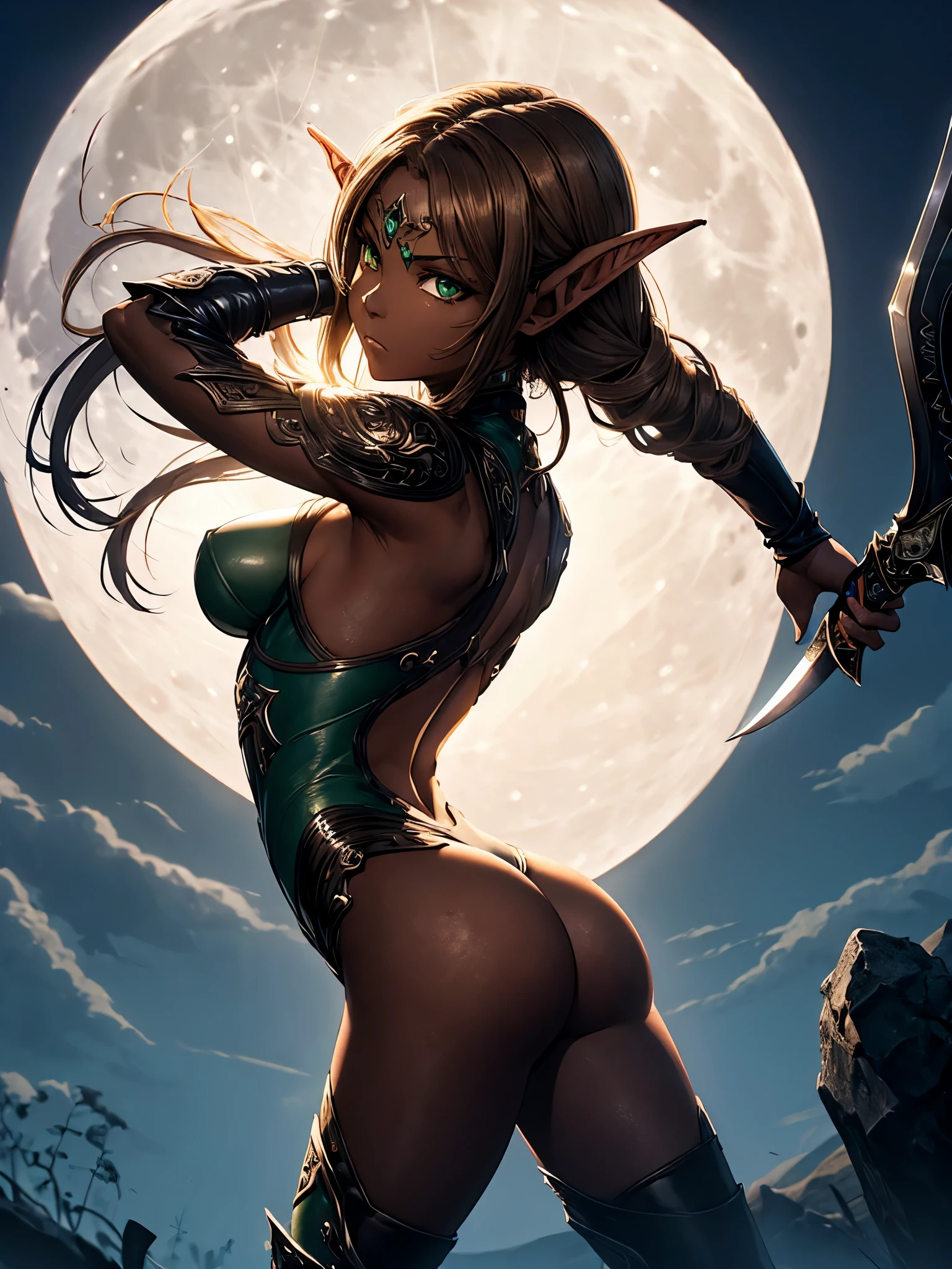 ((highest quality)),(ultra high resolution),(Super detailed),(detailed description),((best CG)),(best work of art),super precision art,amazing drawing art,(Fantasy art with precise details:1.5), (Female Dark Elf:1.6),(brown skin:1.7),(beautiful and well-shaped face:1.5),(A detailed bodysuit:1.6),(No expression:1.6),(black blade dagger:1.6),light makeup:1.4,(Dark green eyes detailed and detailed:1.4),(small breasts:1.7),Beautiful leg lines:1.6,Knee-high boots:1.6, (full moon:1.6),(Backlight:1.8),