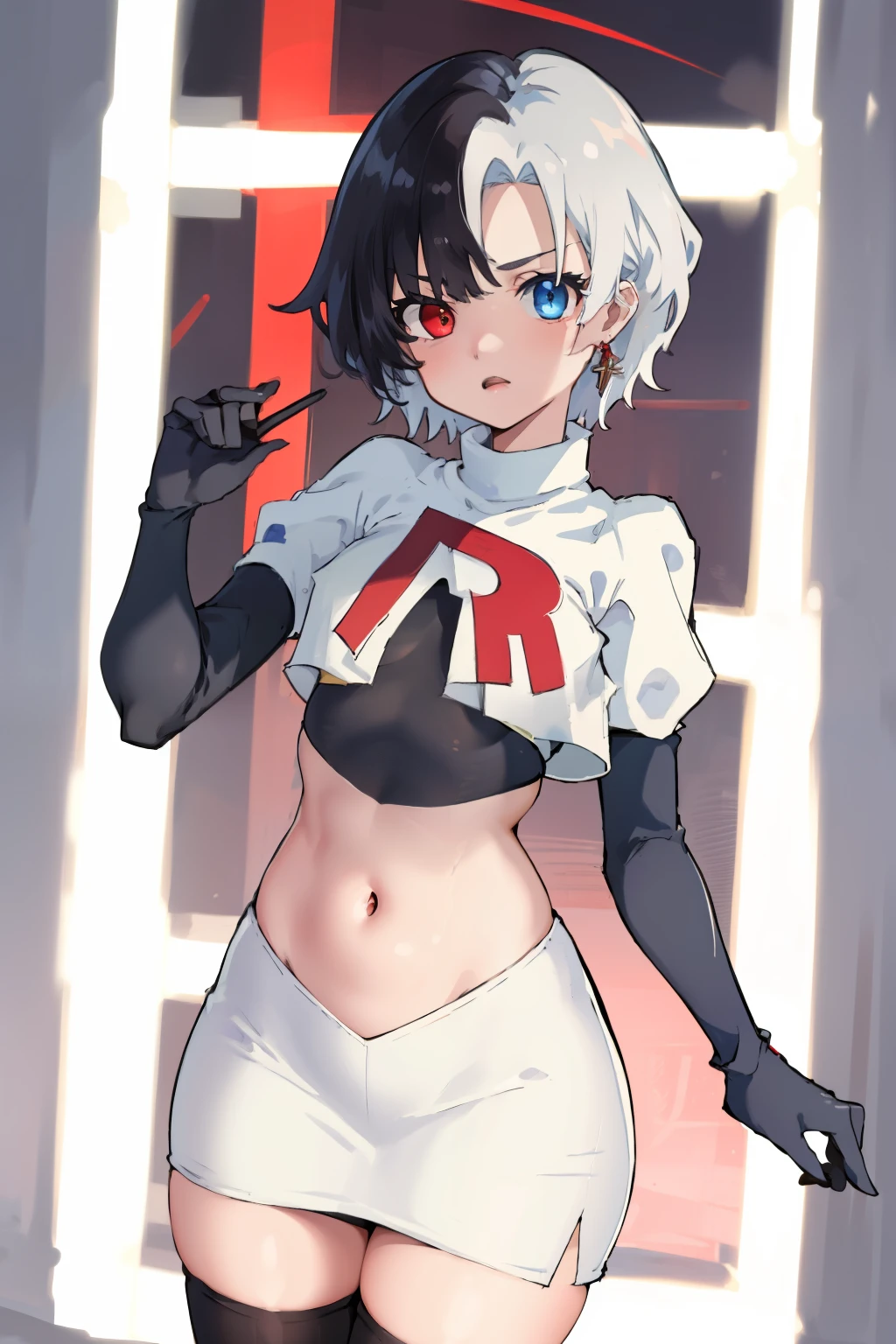 masterpiece, detailed, high quality, absurdres, penrose, 1girl, solo, heterochromia, red eyes, blue eyes, small breasts, curvy, cowboy shot, team rocket,team rocket uniform, red letter R, white skirt,white crop top,black thigh-highs, black elbow gloves,