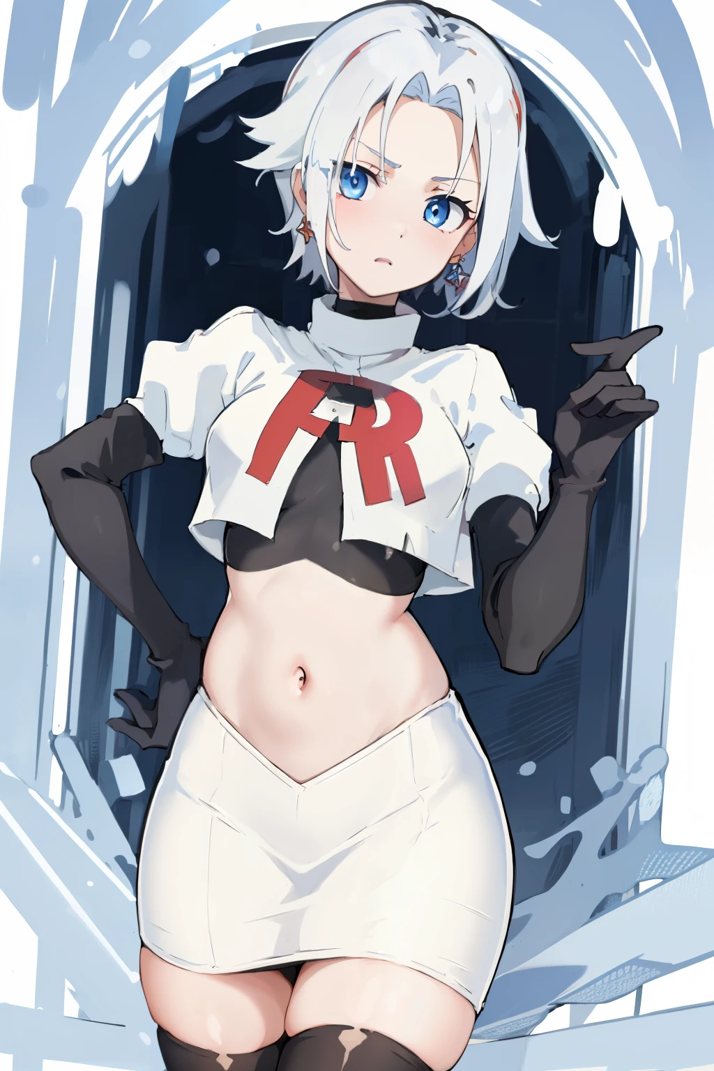 masterpiece, detailed, high quality, absurdres, penrose, 1girl, solo, heterochromia, red eyes, blue eyes, small breasts, curvy, cowboy shot, team rocket,team rocket uniform, red letter R, white skirt,white crop top,black thigh-highs, black elbow gloves,