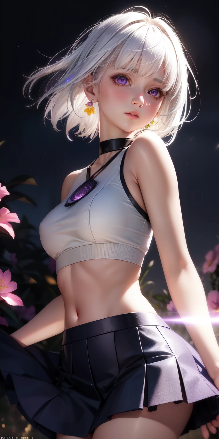 realistic, 1girl, white hair, purple eyes, glowing eyes, crop top, skirt, parted lips, blush, night, flowers, sun, sunlight, with no clothes pink virginal