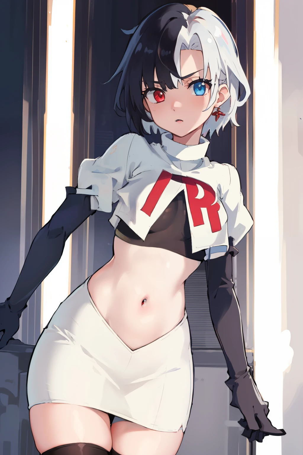 masterpiece, detailed, high quality, absurdres, penrose, 1girl, solo, heterochromia, red eyes, blue eyes, small breasts, curvy, cowboy shot, team rocket,team rocket uniform, red letter R, white skirt,white crop top,black thigh-highs, black elbow gloves,