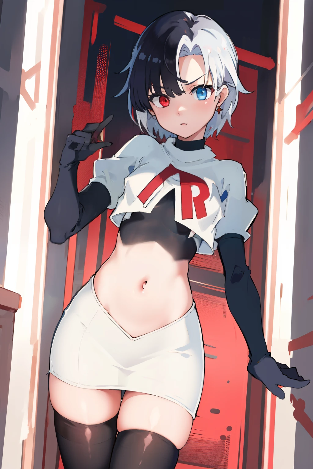 masterpiece, detailed, high quality, absurdres, penrose, 1girl, solo, heterochromia, red eyes, blue eyes, small breasts, curvy, cowboy shot, team rocket,team rocket uniform, red letter R, white skirt,white crop top,black thigh-highs, black elbow gloves,