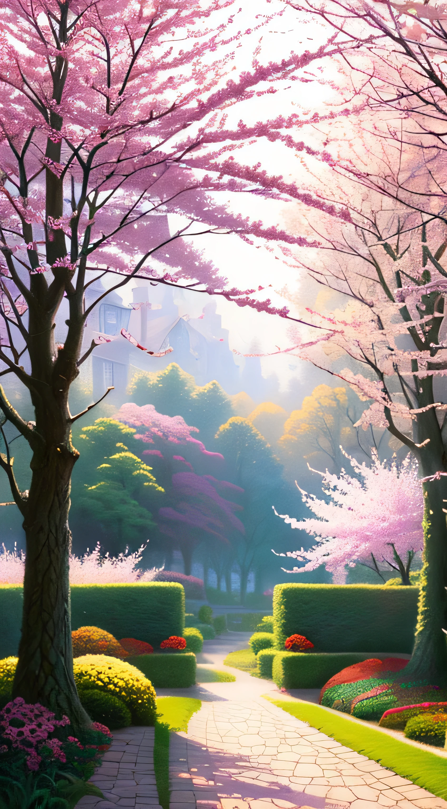 beautiful garden painting. spring , Moody and meaningful scenes in the style of Thomas Kinkade ,HD 4K , seamless texture, watercolor、cherry blossoms、