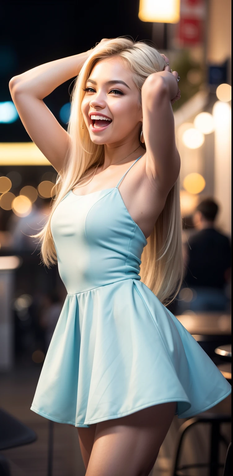 Malay girl, very long white hair,wear soft blue Mini peplum Dress , laughing and posing with hand on head, touching her own head, wear handbag, from back view, windy, detail skin, age spot, detail skin texture, mole below eyes, small breast, flat chest, wide hips, small waists, thick thighs, thick legs, beer belly, beautiful body, nighttime, laughing, happy, bright lighting, crowded cafe, blur background, bokeh, high quality, ultra detail, 8k, photorealistic, movie shot framing, cinematic,
