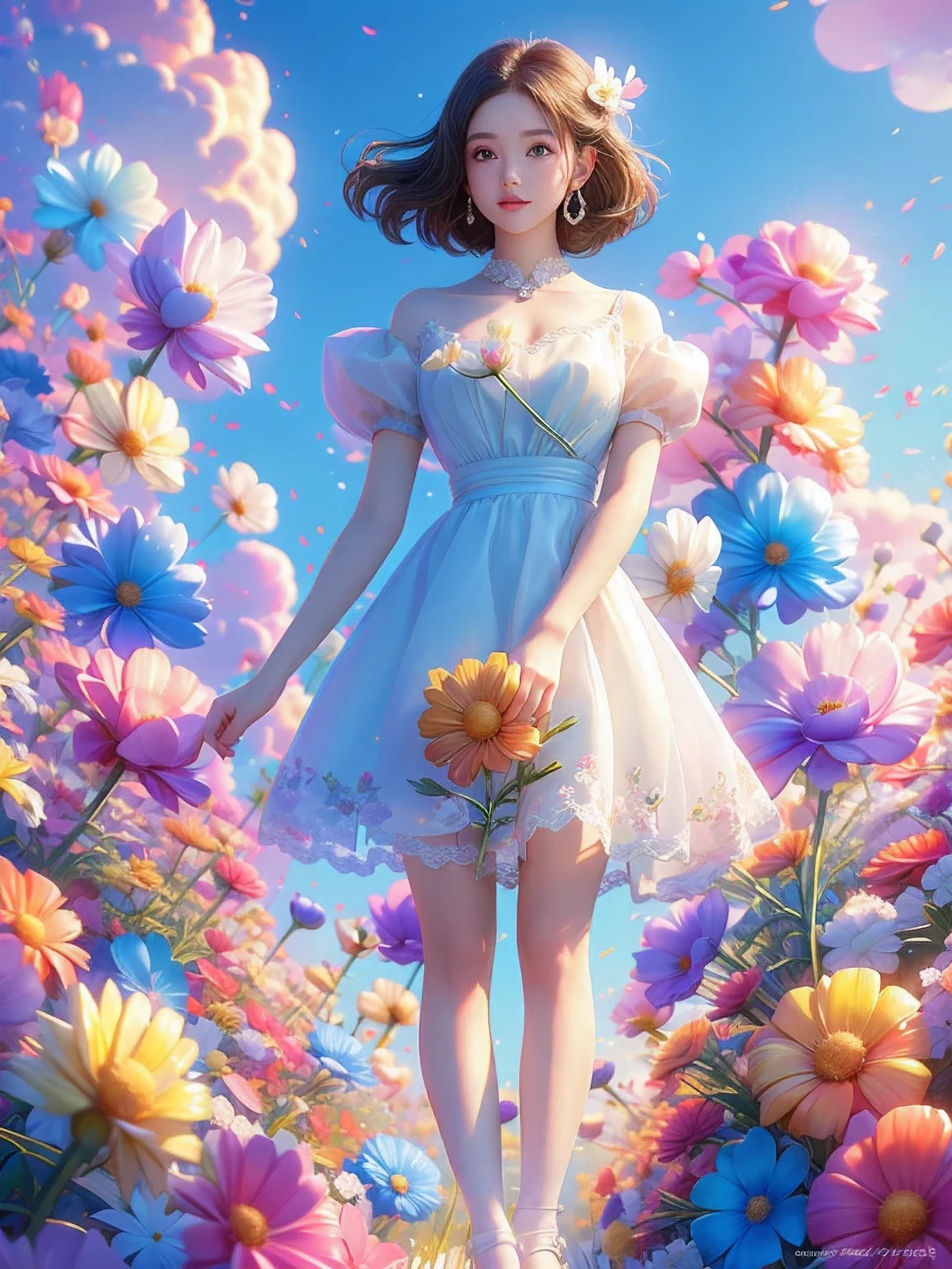 Movie照片独奏,1 girl,,Beijing_Alice,Lace-edged_skirt,Two colors_pantyhose,big breasts,(colored hair:0.1),Beautiful girl standing on flowers,Facial details perfect,And the details of the characters are also exquisite,Fashion portrait,bright colors,clean background,panoramic,Large aperture,Bubble Mart production,delicate luster,8K gradient translucent glass melt,frosted glass,masterpiece, best quality,, Super real,lifelike,16k,high detail,high resolution . 35mm photo, Movie, Bokeh, professional, 4k, Very detailed