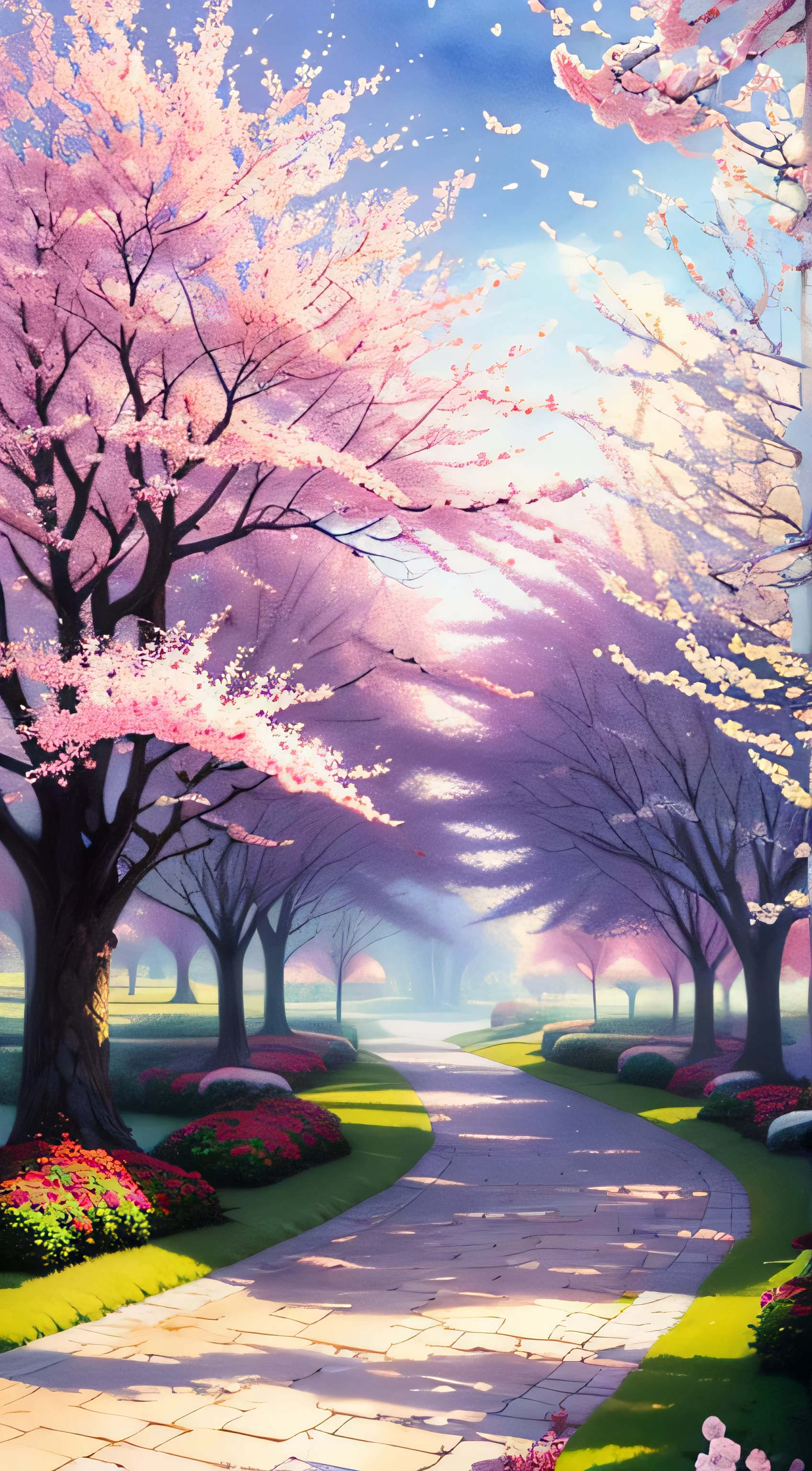beautiful garden painting. spring , Moody and meaningful scenes in the style of Thomas Kinkade ,HD 4K , seamless texture, watercolor、cherry blossoms、