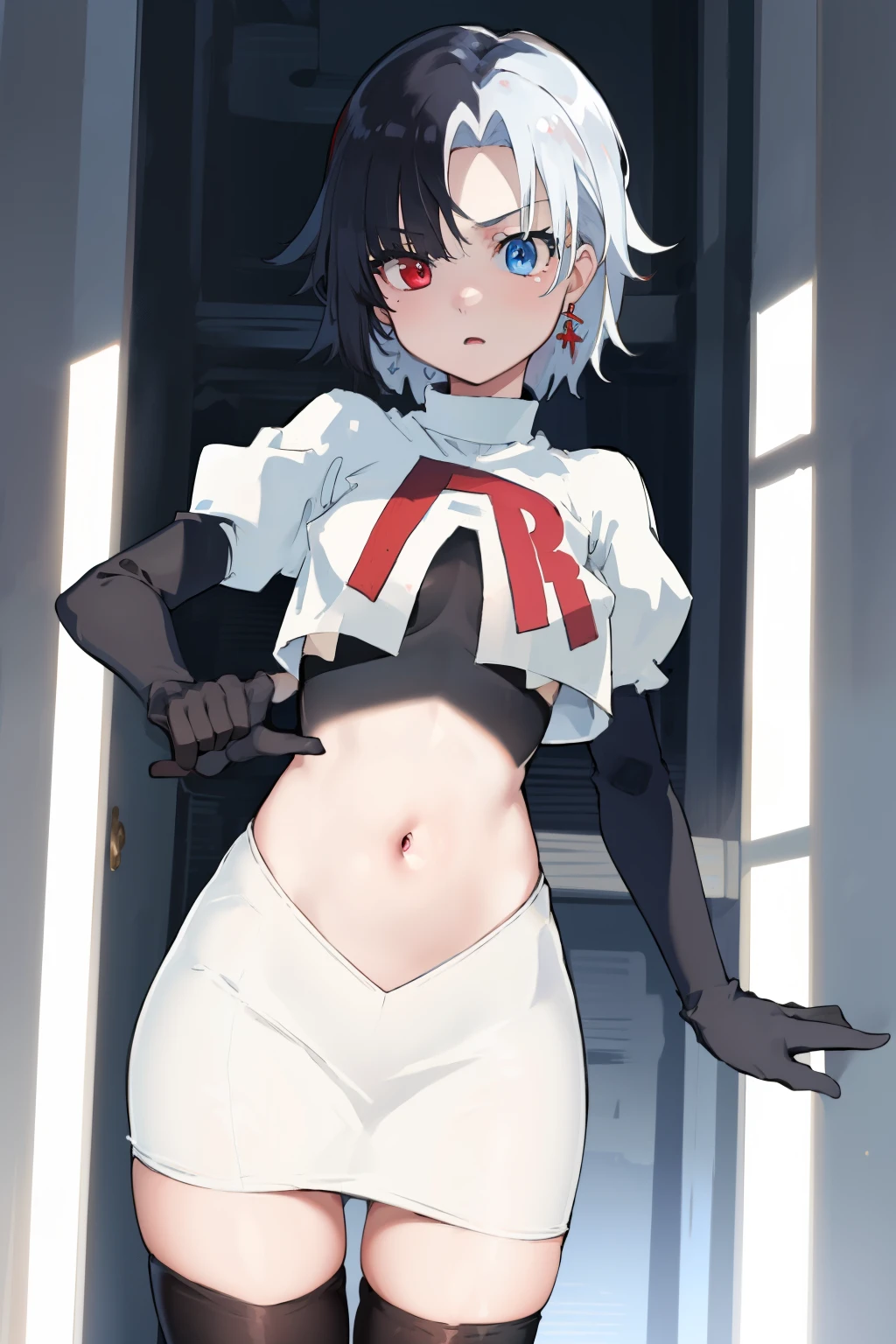 masterpiece, detailed, high quality, absurdres, penrose, 1girl, solo, heterochromia, red eyes, blue eyes, small breasts, curvy, cowboy shot, team rocket,team rocket uniform, red letter R, white skirt,white crop top,black thigh-highs, black elbow gloves,