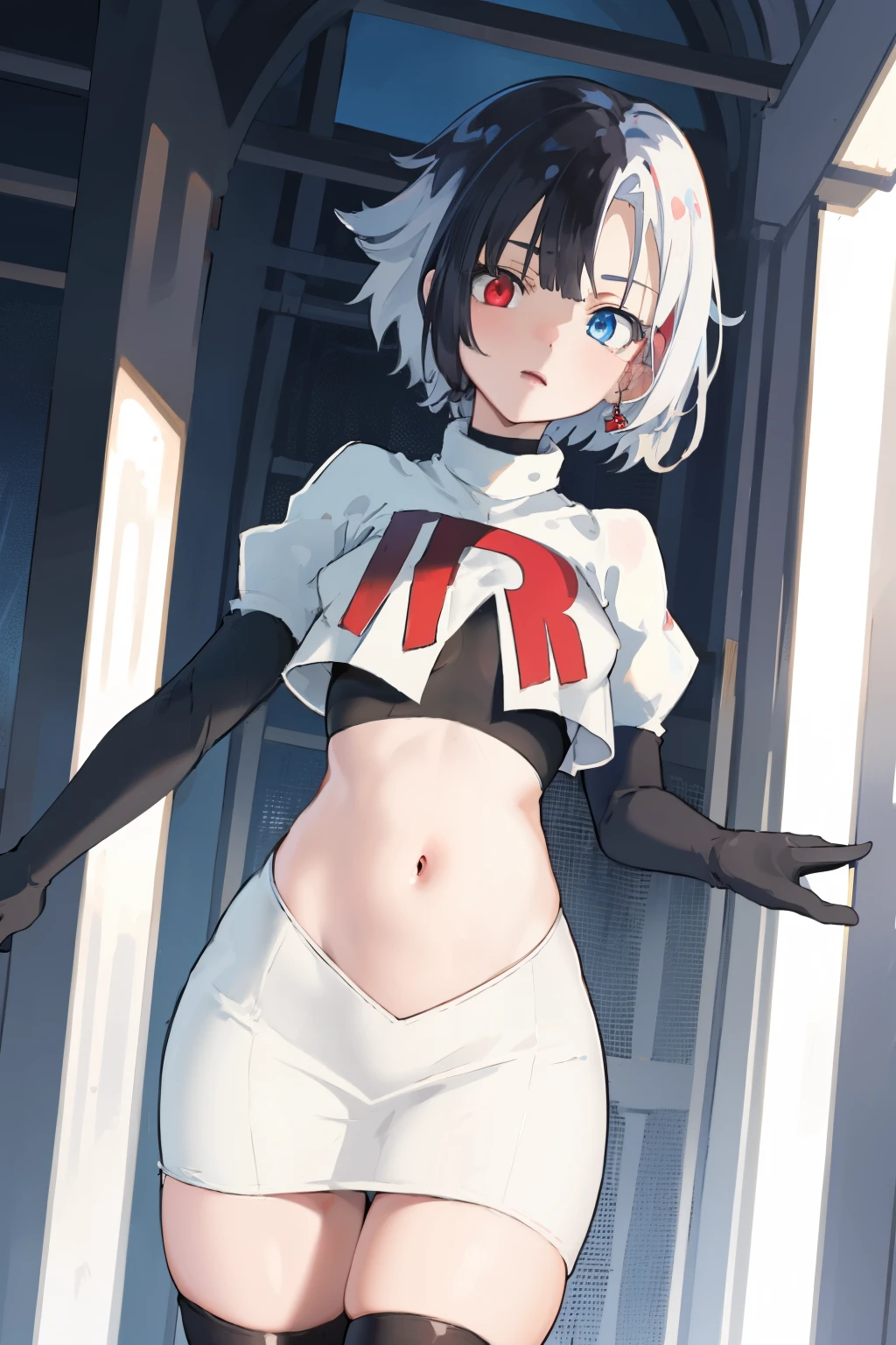 masterpiece, detailed, high quality, absurdres, penrose, 1girl, solo, heterochromia, red eyes, blue eyes, small breasts, curvy, cowboy shot, team rocket,team rocket uniform, red letter R, white skirt,white crop top,black thigh-highs, black elbow gloves,