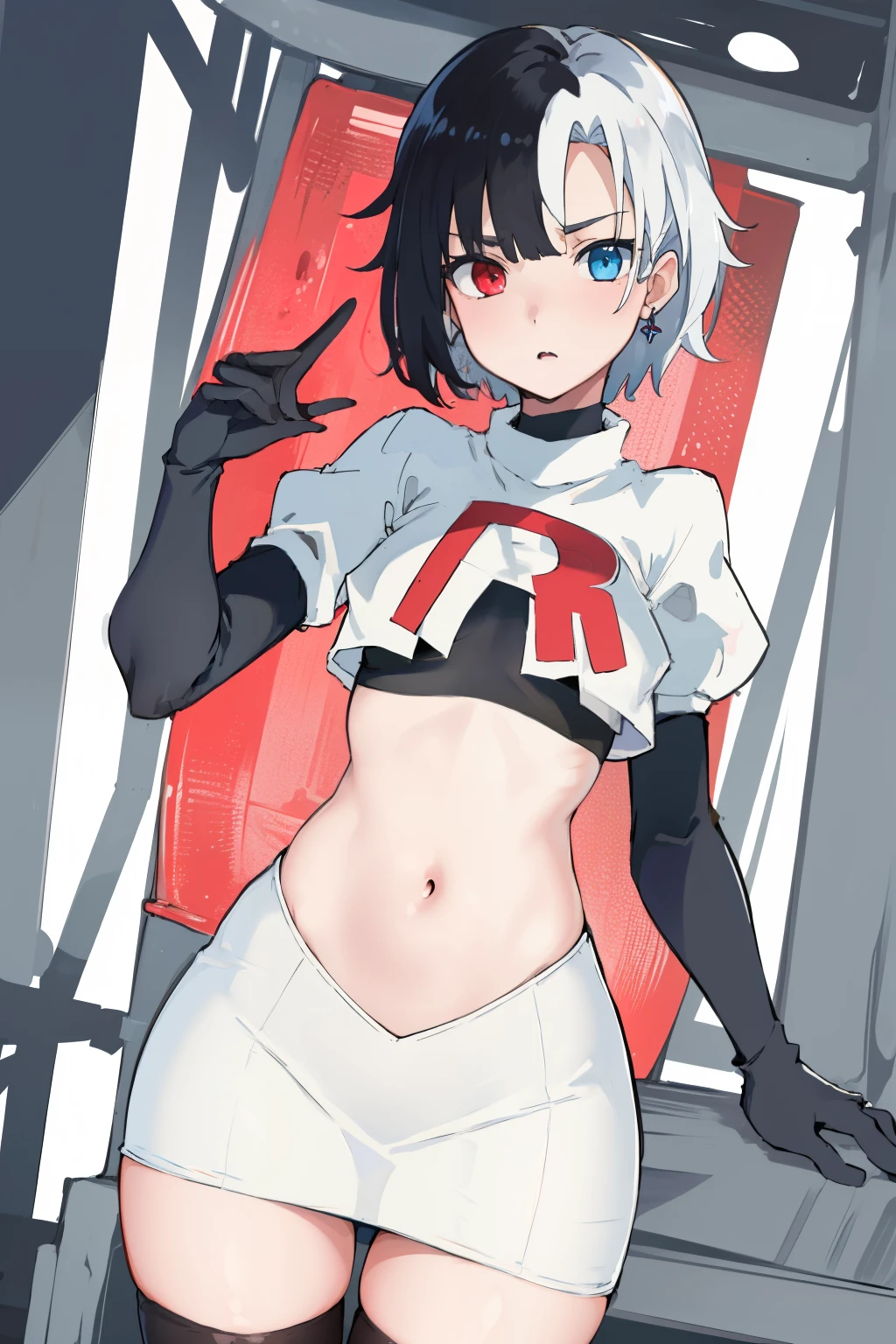 masterpiece, detailed, high quality, absurdres, penrose, 1girl, solo, heterochromia, red eyes, blue eyes, small breasts, curvy, cowboy shot, team rocket,team rocket uniform, red letter R, white skirt,white crop top,black thigh-highs, black elbow gloves,