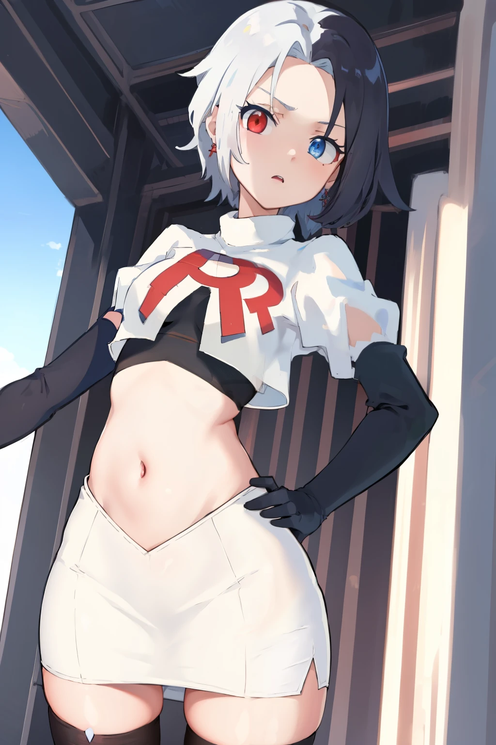 masterpiece, detailed, high quality, absurdres, penrose, 1girl, solo, heterochromia, red eyes, blue eyes, small breasts, curvy, cowboy shot, team rocket,team rocket uniform, red letter R, white skirt,white crop top,black thigh-highs, black elbow gloves,