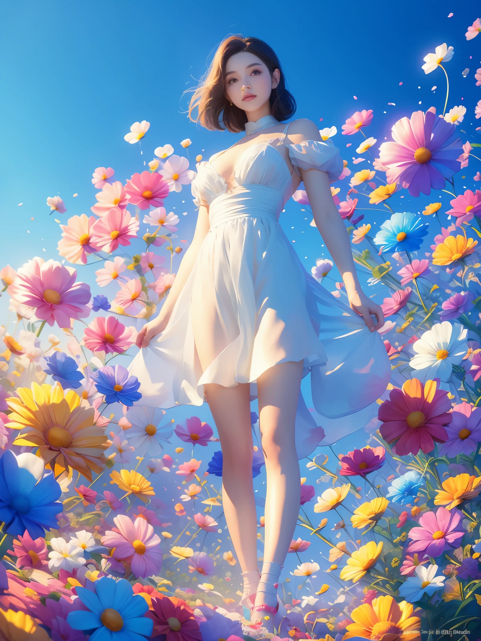 cinematic photo solo,1girl,,bj_alice,lace-trimmed_skirt,two-tone_legwear,big breasts,(colored hair:0.1),the beauty is standing on the flower,the facial details are perfect,and the character details are exquisite,trendy portraits,bright colors,clean background,Panoramic view,large aperture,pop Mart production,delicate gloss,8K gradient translucent glass melt,frosted glass,masterpiece, best quality,, Hyper Real,Photorealistic,16K,high detail,high resolution . 35mm photograph, film, bokeh, professional, 4k, highly detailed