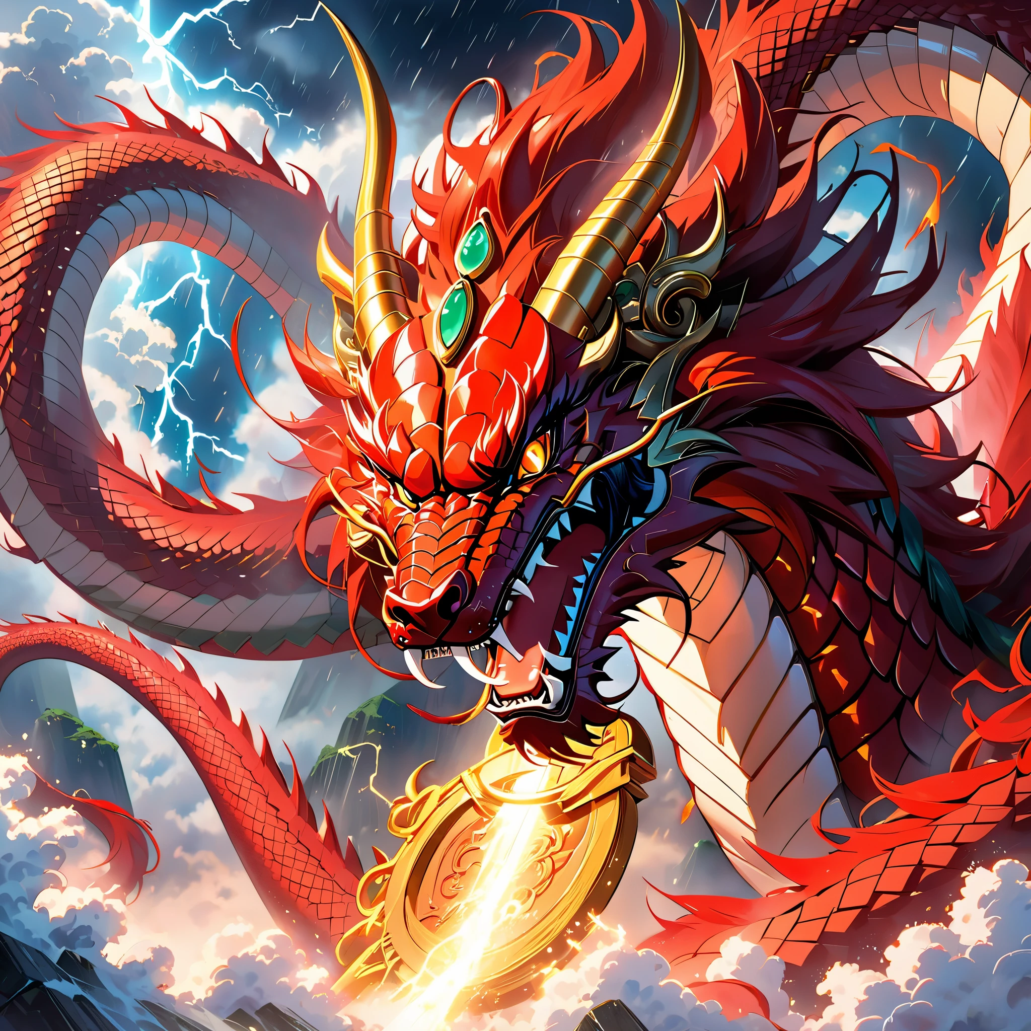 A massive red dragon with electrifying eyes and a tongue dripping with blood, covered in crimson scales and fiery mane, adorned with a golden lock around its neck, coiled around a jade pillar amidst thunderous storms, exuding an ancient and mysterious aura, majestic and awe-inspiring, captivating the beholder.