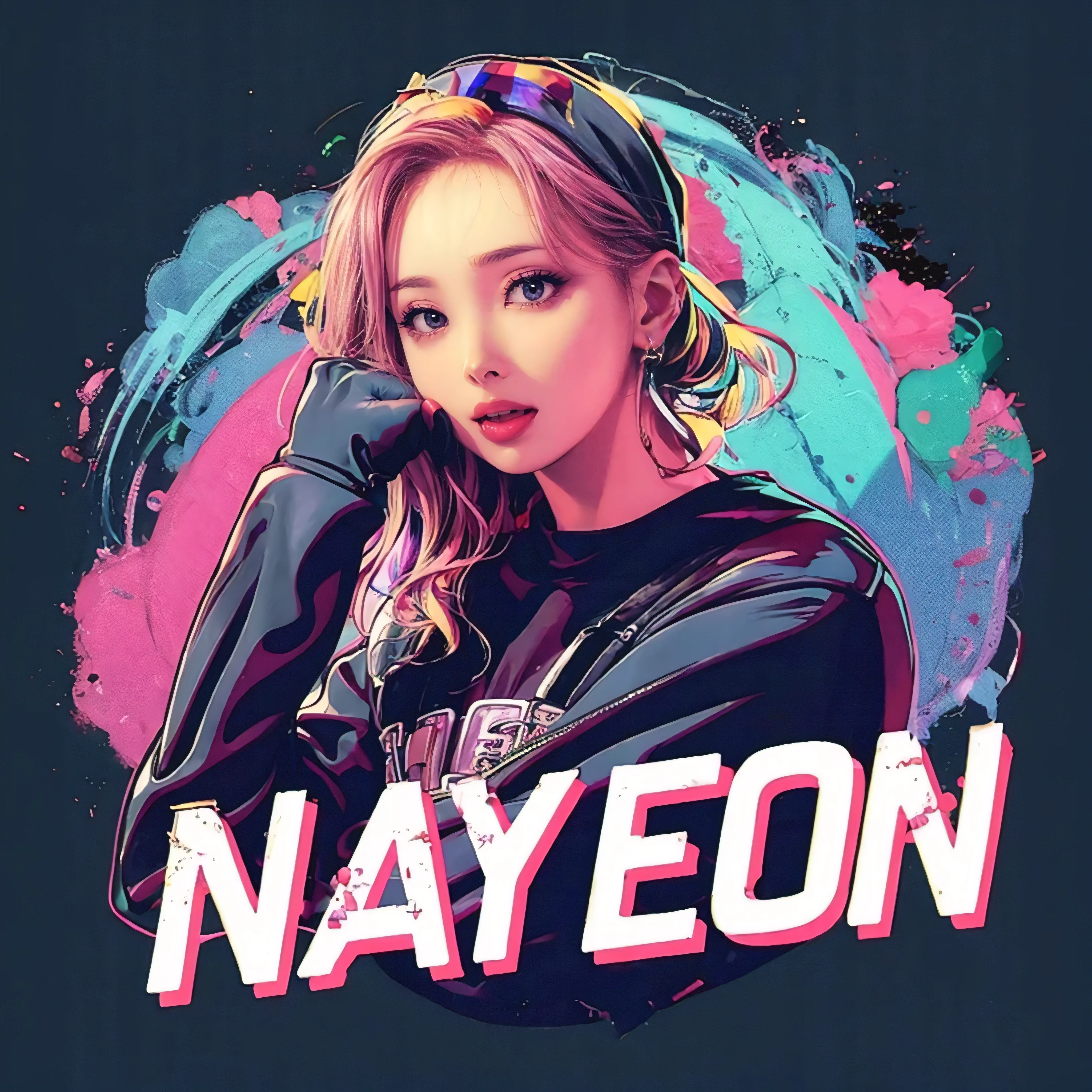 (best quality, masterpiece:1.2), circular logo, kpop idol, anime style, text "NAYEON"