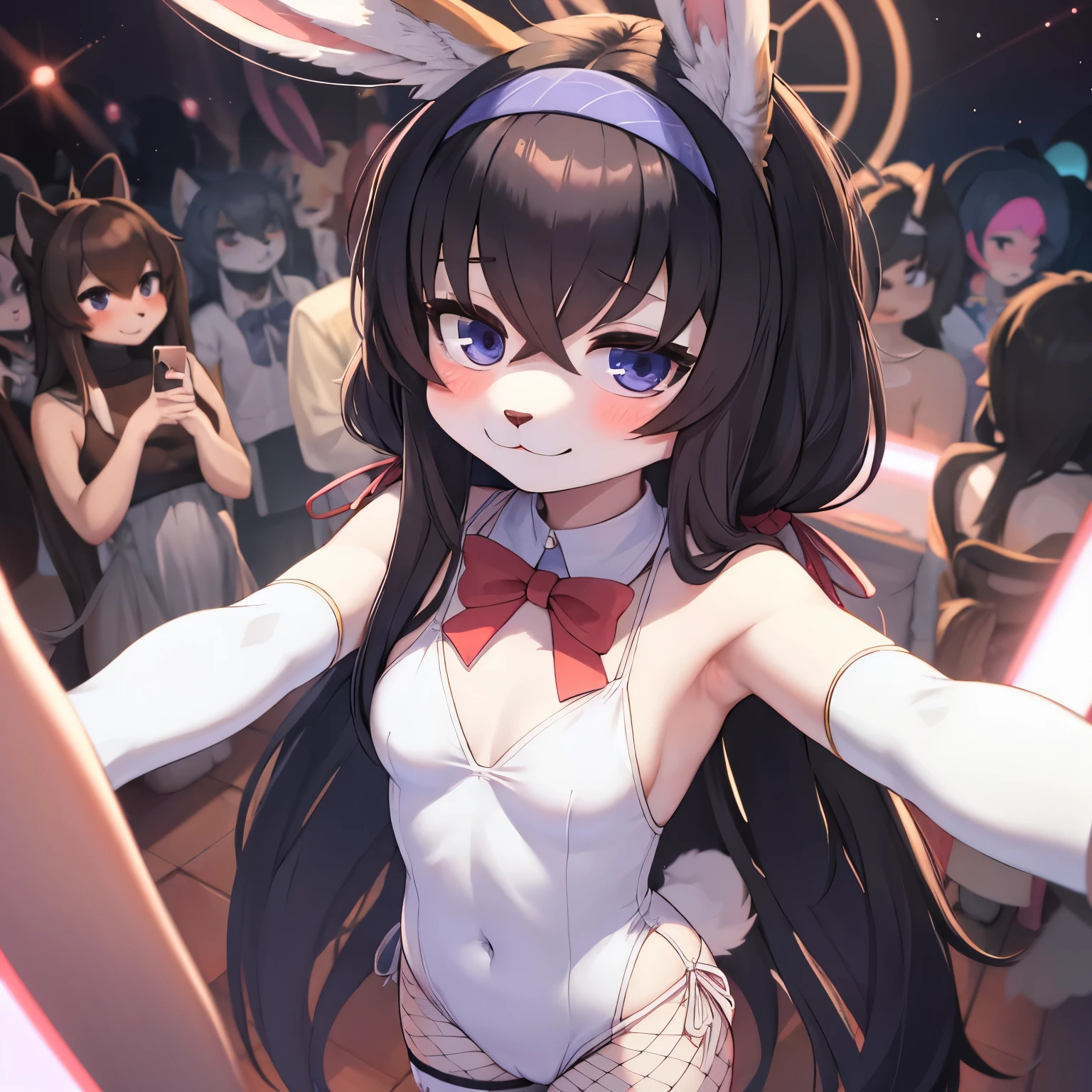 (fluffy anthro furry :1.3),(young :1.3),rabbit girl,black long hair,white fur,white rabbit tail,white rabbit ears,red onepiece swimsuit,shoulderless,bare shoulder,sleeveless,red ribbon bowtie,white fishnet stockings,night club,white light,light and shadow,among the crowd,enjoy face,full face blush,smile,selfie,high angle