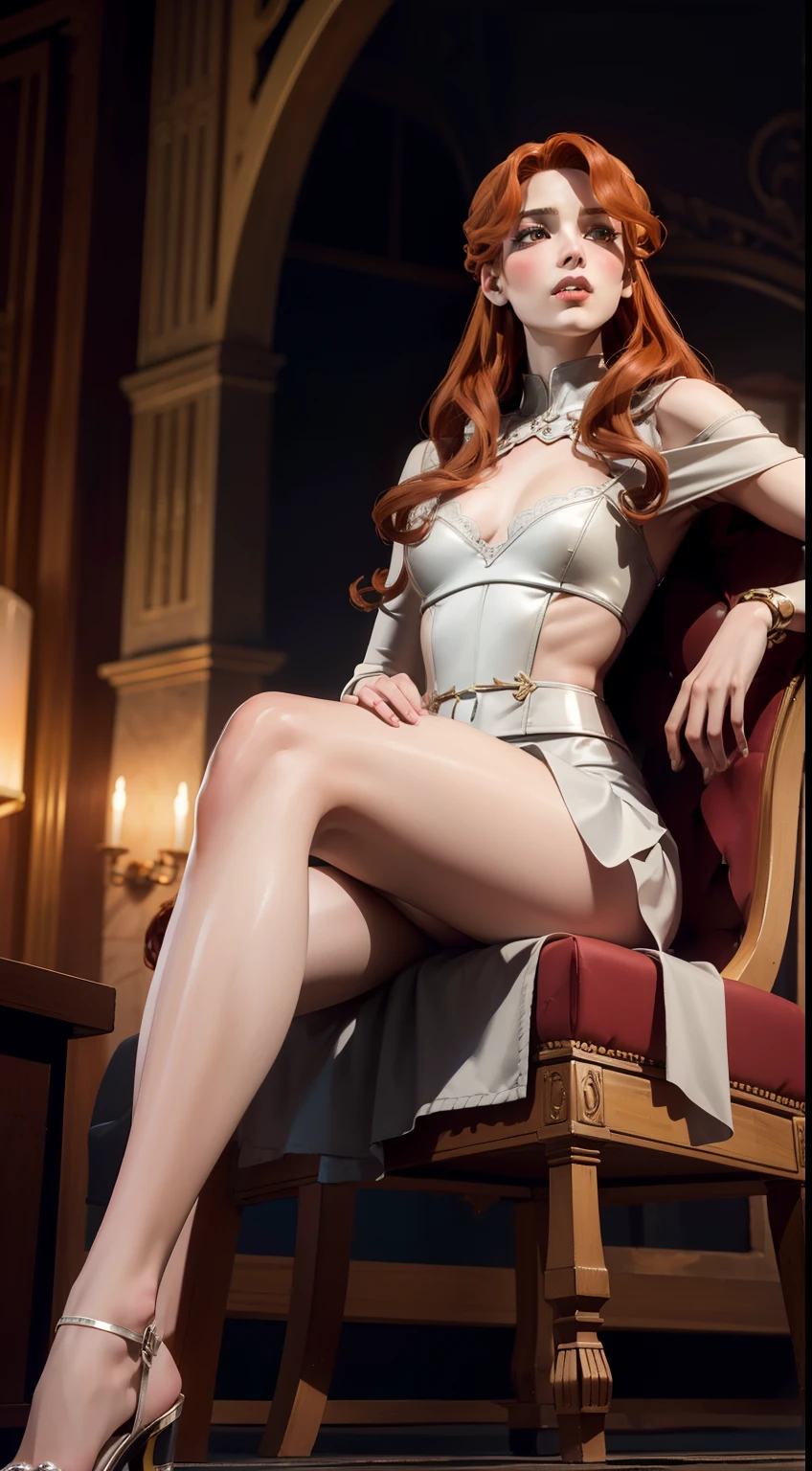 ((foto de corpo inteiro)), ((foto realista)), 1 girl, (colete: 1.2), 8k, high-res, pele finamente detalhada, lingerie, seios enormes, lenore from castlevania, vampire, red hair, skirt, sitting, toned legs, heels, dominant, low angle, upskirt, athletic, skinny, toned, smaller body, thin waist, from below, crossed legs, highly detailed realisticly proportioned legs, toned legs