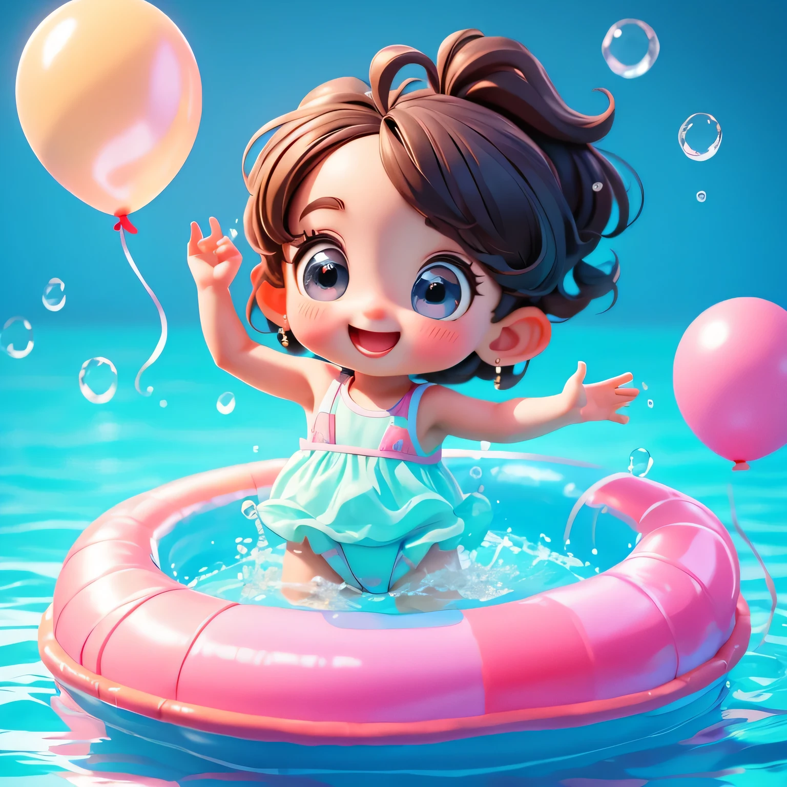 a cute little girl，Holding a balloon in his hand，In the swimming pool，Front view, Pixar style, best quality, masterpiece, Very cute, big eyes, happy，