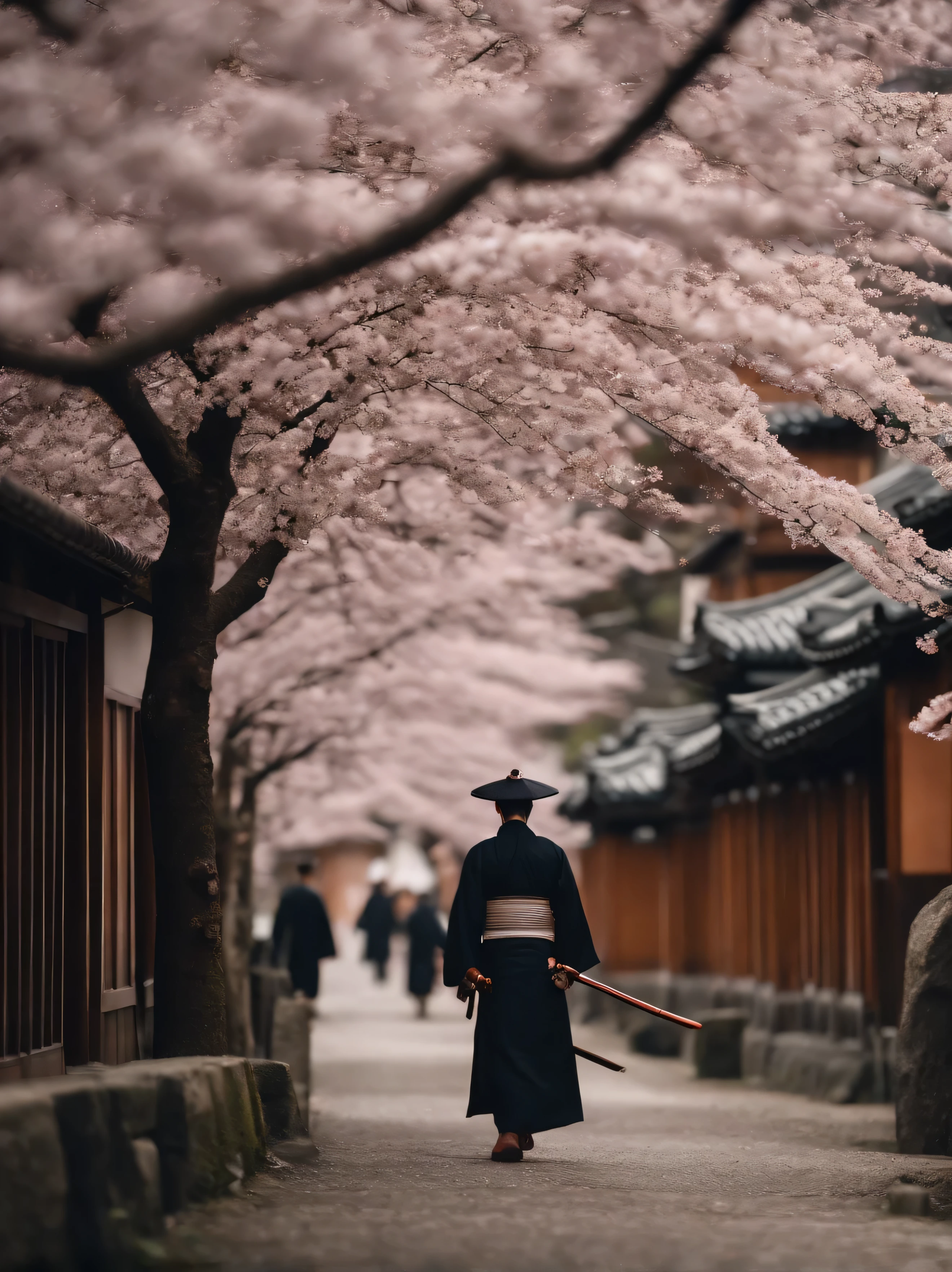 retro japanese street,Architecture from the Tokugawa Shogunate Period,Japan Kyoto,The cherry blossom tree is in full bloom,like texture,A Japanese samurai holding a katana sword,Cherry blossoms are falling everywhere
