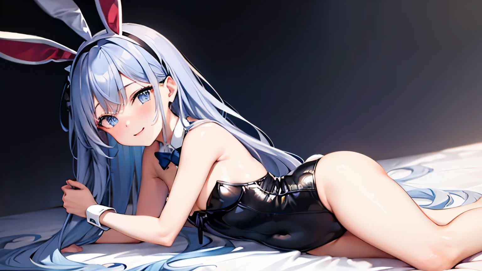 best quality, masterpiece, highres, solo, {arisu_bluearchive:0.90}, 1girl, black_leotard, bowtie, detached_collar, fake_animal_ears, looking_at_viewer, playboy_bunny, rabbit_ears, small_breasts, dark_blue_hair, simple_background, smile, white_background, ?, bare_legs, bare_shoulders, blush, open_mouth, sitting, strapless_leotard, wrist_cuffs,zhuo,alice_halo,blue halo,smile, absurdly long hair ,aqua halo ,blue headband ,hair ornament ,white coat ,collared shirt,blue tie,{{lying}},BAPV, pink thema, yellow thema, blue thema, red thema, gray thema,Tendou Arisu, Long hair, black hair, blue eyes, flat chest, small size
