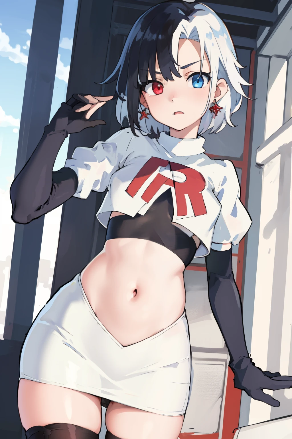 masterpiece, detailed, high quality, absurdres, penrose, 1girl, solo, heterochromia, red eyes, blue eyes, small breasts, curvy, cowboy shot, team rocket,team rocket uniform, red letter R, white skirt,white crop top,black thigh-highs, black elbow gloves,