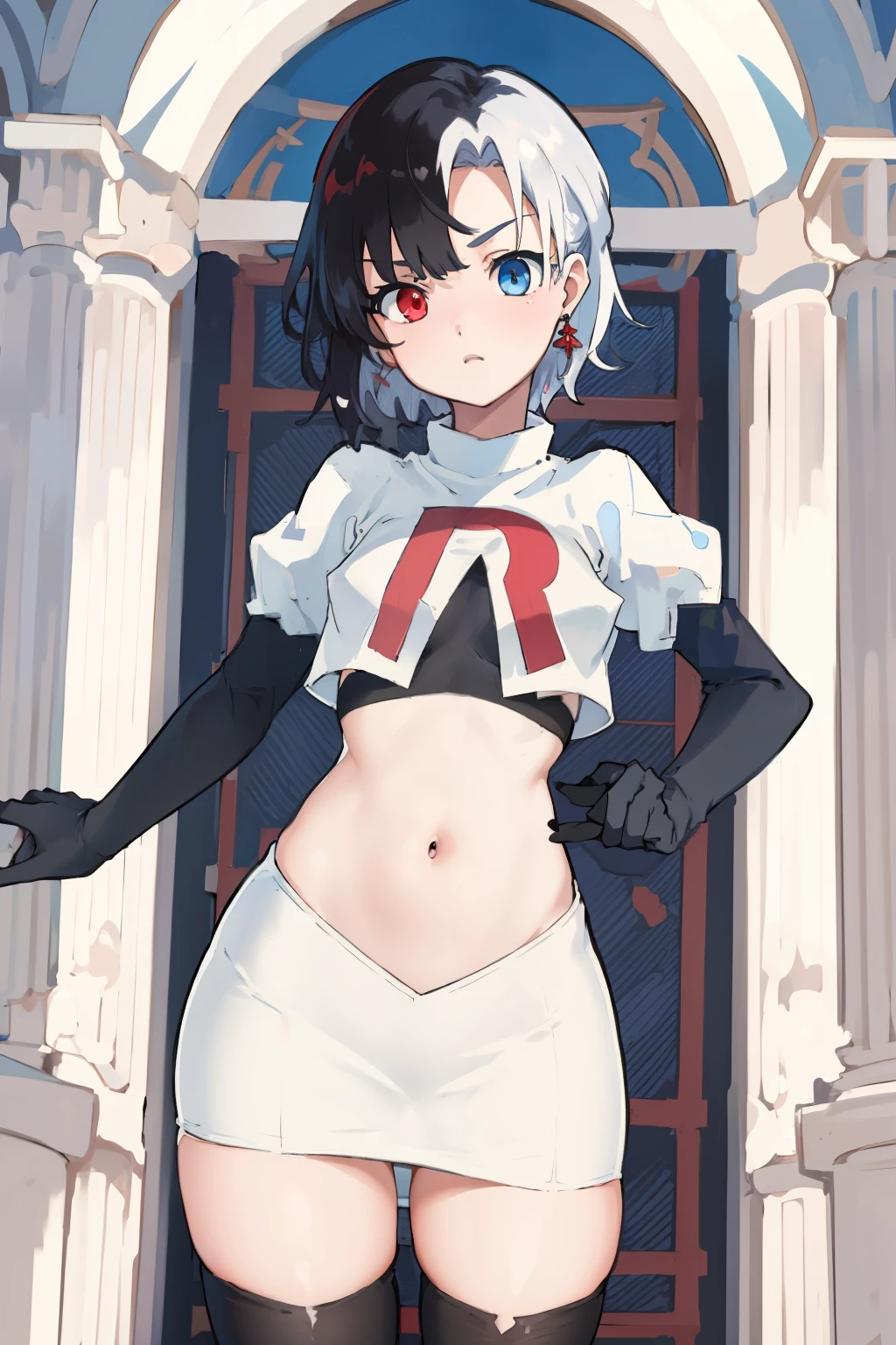 masterpiece, detailed, high quality, absurdres, penrose, 1girl, solo, heterochromia, red eyes, blue eyes, small breasts, curvy, cowboy shot, team rocket,team rocket uniform, red letter R, white skirt,white crop top,black thigh-highs, black elbow gloves,