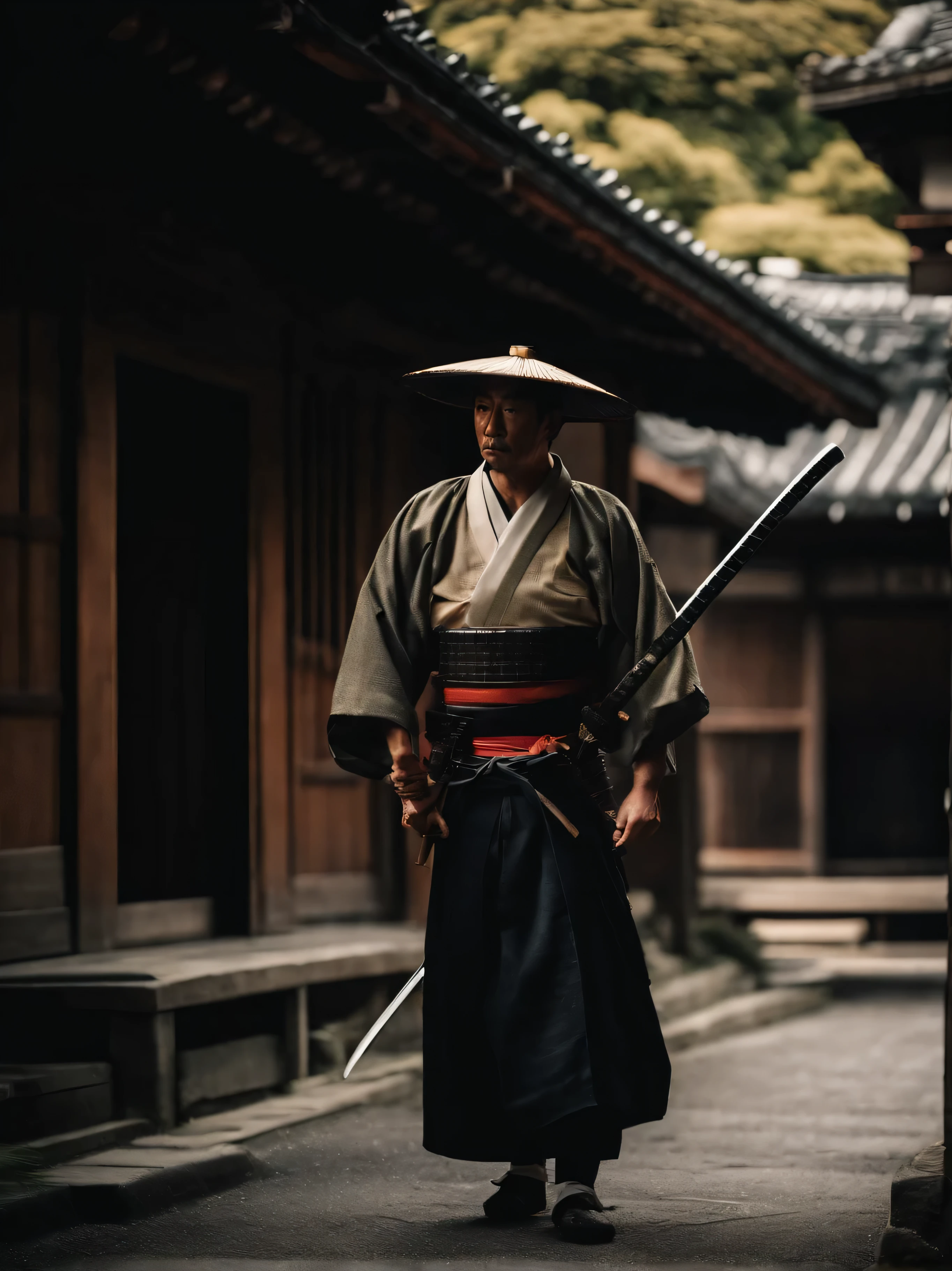 retro japanese street,Architecture from the Tokugawa Shogunate Period,Japan Kyoto,texture,A Japanese samurai holding a katana sword