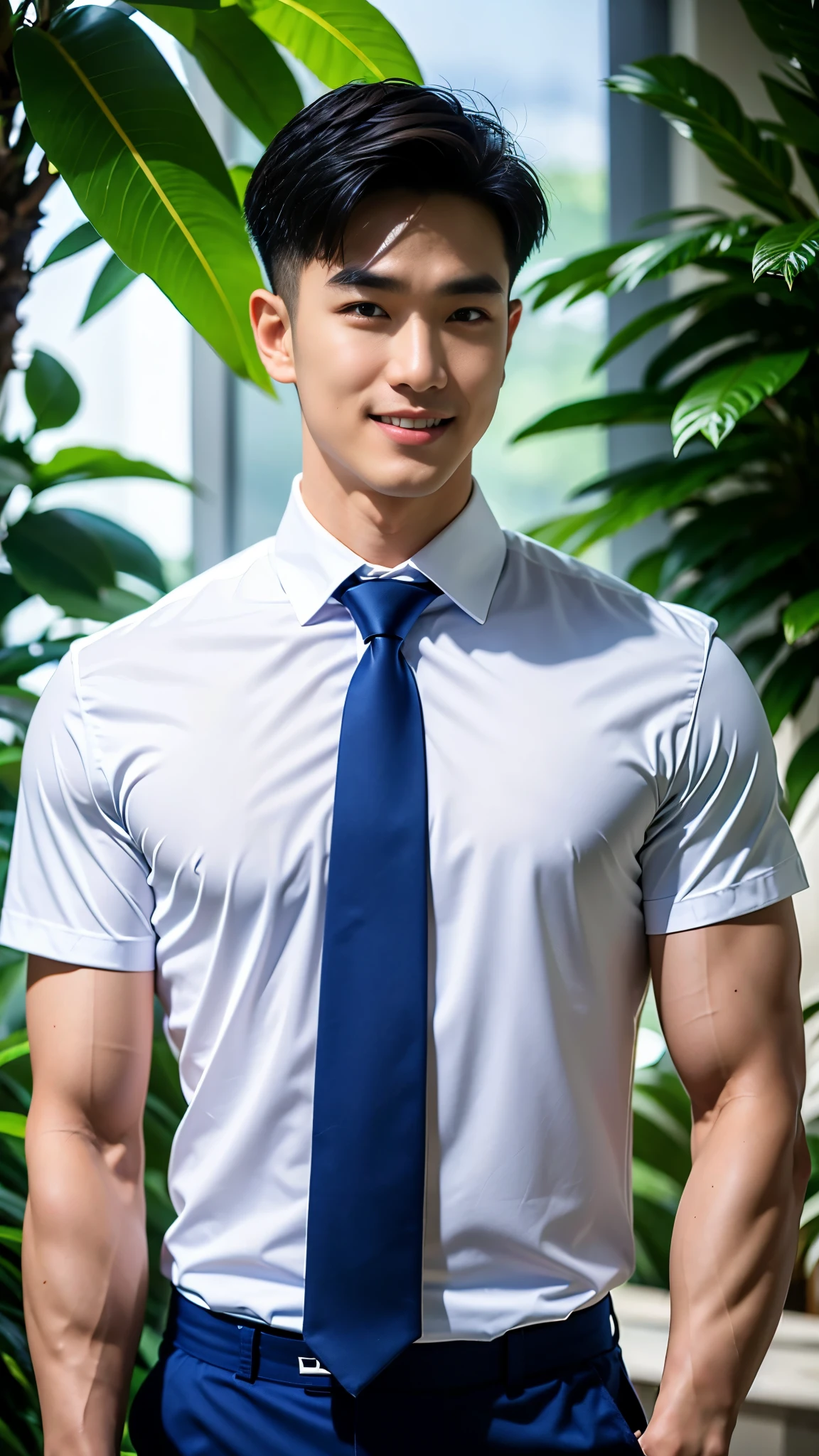 (Masterpiece: 1.2),(CGI art:1.3),(realistic:1.5),(post processing:1.3), (sharp focus:1.3), 1 man smiling, (Wear a white shirt... Blue tie), short sleeve), Navy pants, Korean guy , korean men, (High gloss details), chest muscles, Big arm muscles, blood vessel, big muscles, Broad shoulders, looking at the audience, Balancing the eyes, (The backdrop is an office.), 