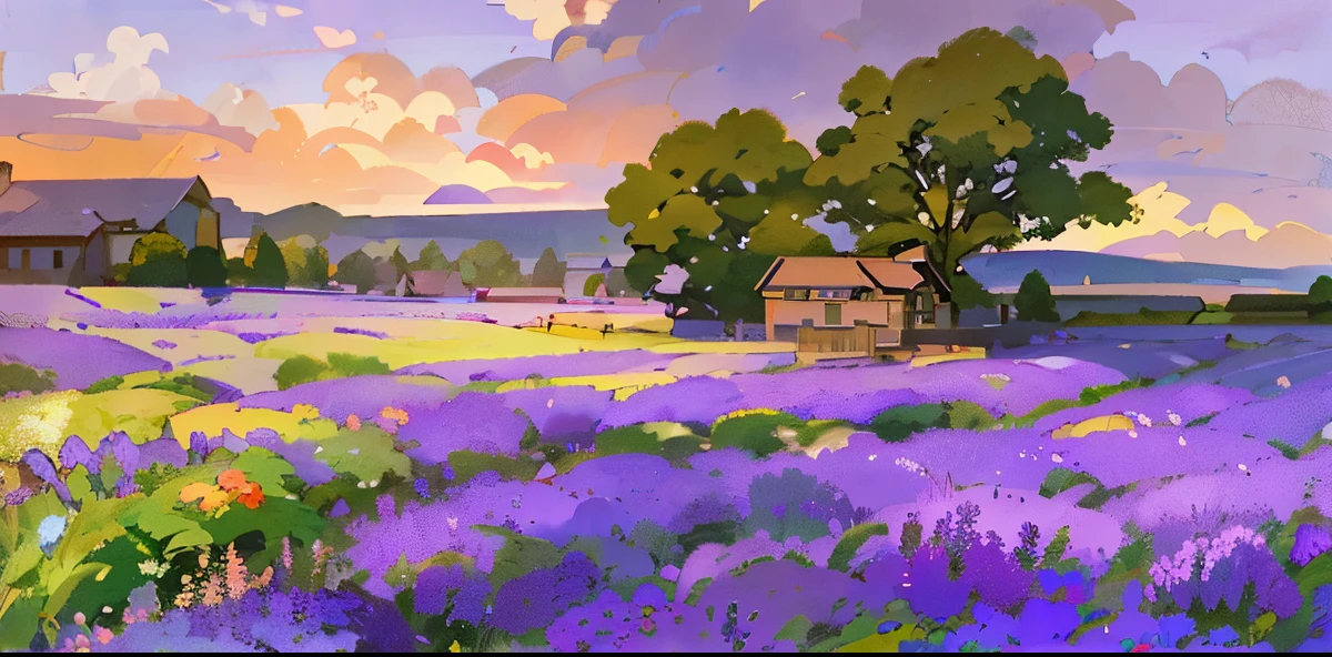 Draw a field of purple flowers,There is a house in the distance, Painting of a lavender field, painting illustration, studio ghibli painterly style, landscape artwork, painted landscape, concept art, Ilya Kuvshinov landscape, author:Sylvain Salair, Drawing in animation artist studio, scenery art detailed, by Yang J, serene field setting