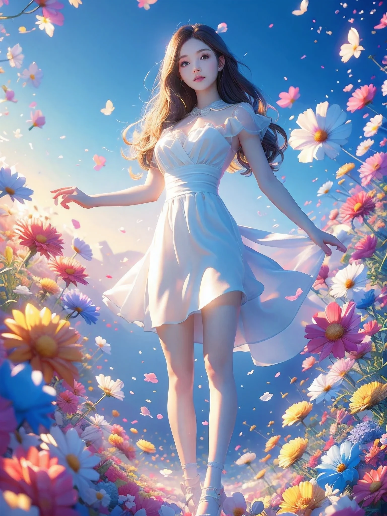 Movie照片独奏,1 girl,,lace_skirt,two colors_pantyhose,big breasts,(colored hair:0.1),Beautiful girl standing on flowers,Facial details perfect,And the details of the characters are also exquisite,fashion portrait,bright colors,clean background,panoramic,Large aperture,Bubble Mart production,delicate luster,8K gradient translucent glass melt,frosted glass,masterpiece, best quality,, Super real,lifelike,16k,high detail,high resolution ，Movie, Bokeh, professional, 4k, Very detailed