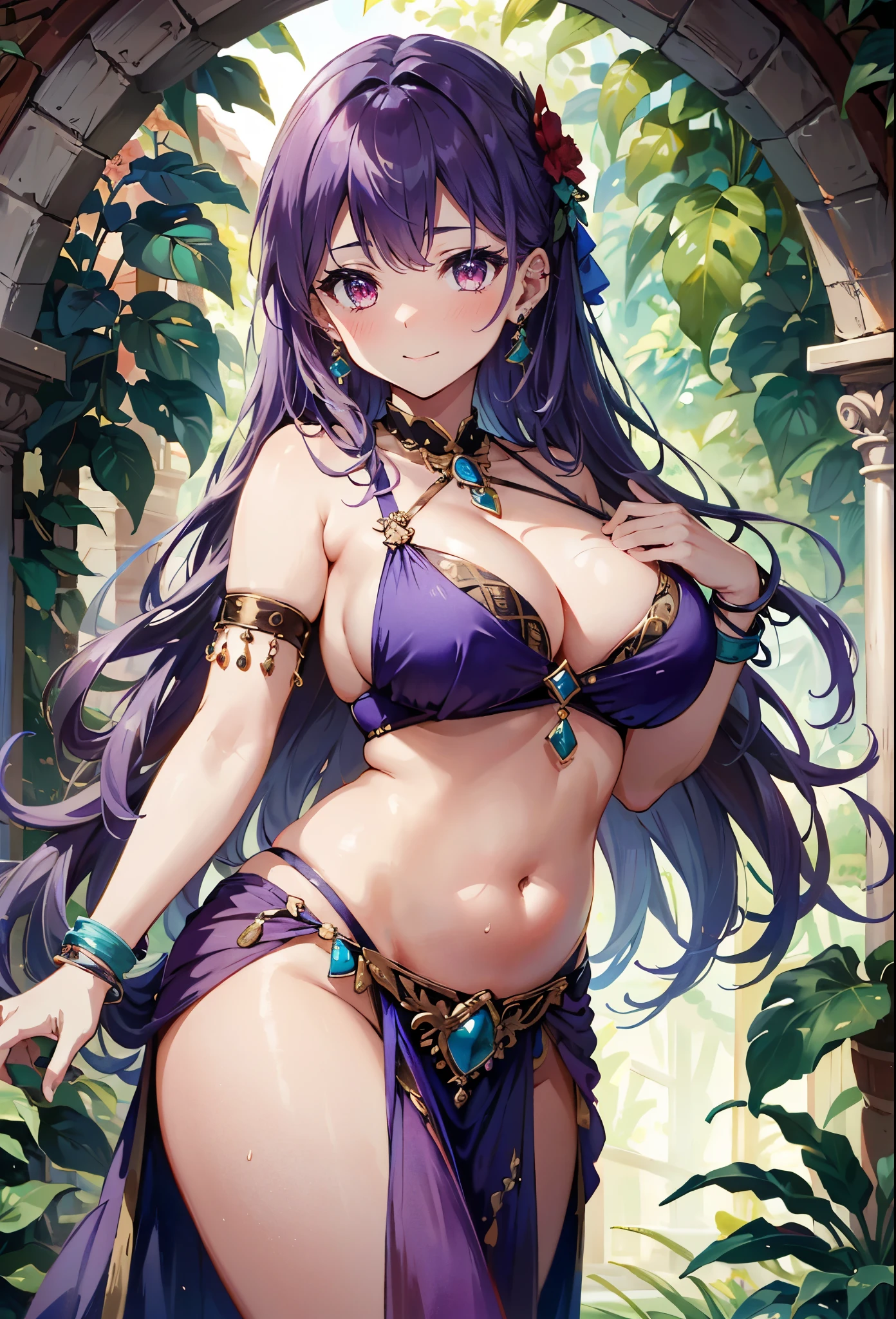 high quality, ultra detailed, best quality, insanely detailed, beautiful, masterpiece, 1girl, garden, medieval Europe, cowboy shot, red eyes, long hair, light purple hair, (belly dancer, harem outfit, pelvic curtain:1.2), purple costume, bare legs, circlet, earrings, armlets, bracelets, bashful smile, dancing, large breasts, cleavage, soft stomach