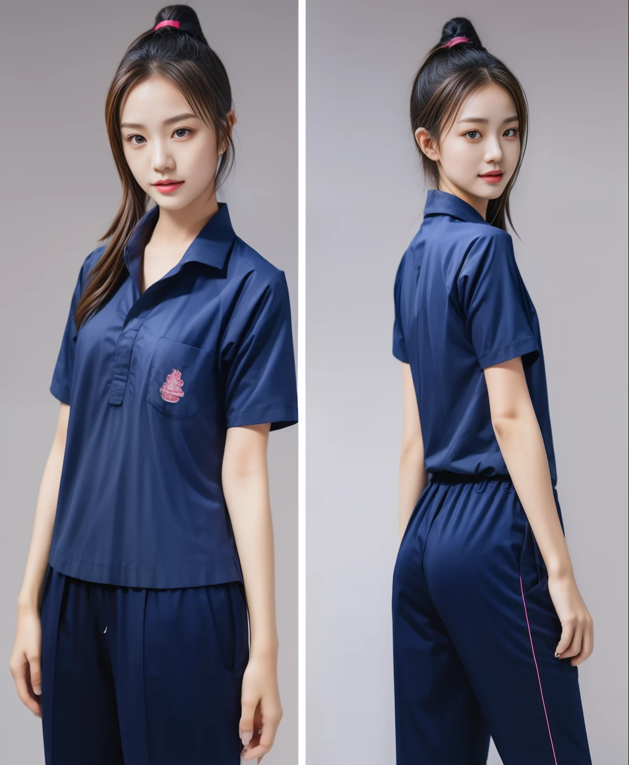 (best quality,10,10,height,Masterpiece:1.2),Special details,(realistic,ภาพrealistic,Realistic photos:1.37),1 Cute girl in the kitchen,shiny, ผิวshiny,only,smile softly,BDclothelue shirt:1.3)),short sleeve,shirt, กางเกงขาlong.,(navy_long_track pants:1.1), ((Kitchen Background)),Dynamic angle,excited,Face focus,dynamic poses,from behind,focus on ass,Masterpiece, best quality, ultra realistic, hyper-detail, 8K resolution, raw photos, Sharp focus, ((Navy blue shirt:1.1)), short sleeve, เส้นทางlong, perfect body, 2 mature women, 18 years old, Cinema-grade lighting system,blue sweatpants,shirtผ้าออกกำลังกาย,correct anatomy,perfect body, correct body, Sharp face, correct bodyทางกายวิภาค, full body, realistic gestures, long-haired, realistic poses,Wear long shorts...........................,ช่วงขาlong,Good shape,carved girl, Slender figure, model, Good shape, beautiful body,blue sweatpants, two girls kissing