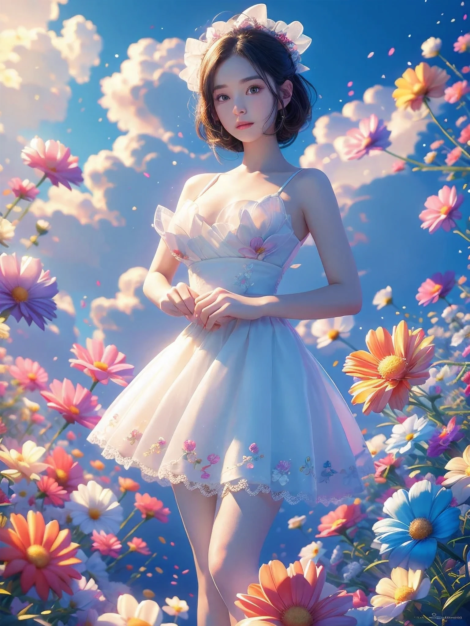 Movie照片独奏,1 girl,,lace_skirt,two colors_pantyhose,big breasts,(colored hair:0.1),Beautiful girl standing on flowers,Facial details perfect,And the details of the characters are also exquisite,fashion portrait,bright colors,clean background,panoramic,Large aperture,Bubble Mart production,delicate luster,8K gradient translucent glass melt,frosted glass,masterpiece, best quality,, Super real,lifelike,16k,high detail,high resolution ，Movie, Bokeh, professional, 4k, Very detailed