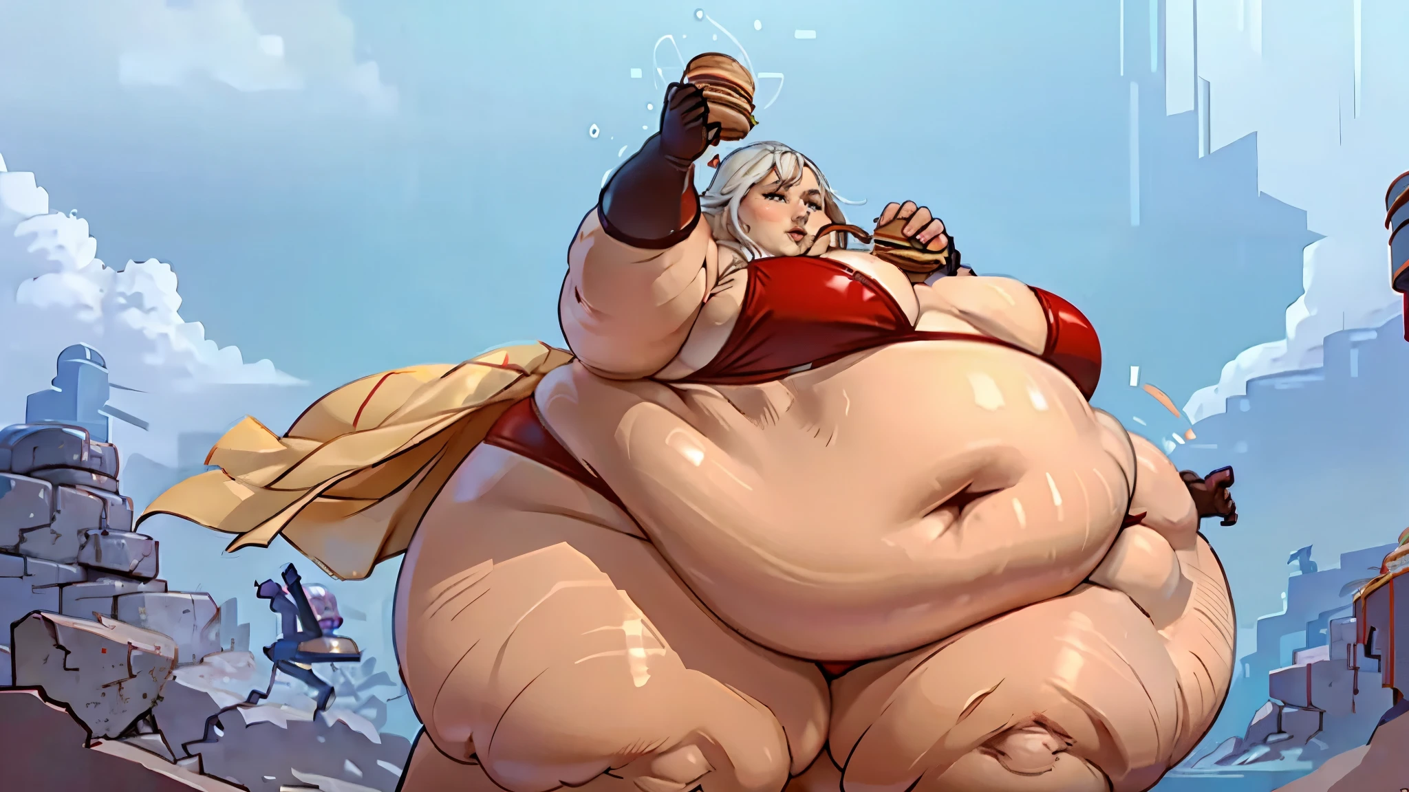 (masterpiece), dynamic lighting, (sharp focus: 1,2) , 1 SSBBW Lillia , cowboy shot, morbidly obese feedee, wearing red panties, collosal obese thighs, Chubby, full tummy, full stomach, round belly, Eating a lot, holding hamburger, eating multiple hamburgers,Very full, colossal belly almost bursting, piles of hamburgers, hamburger in the mouth, tight bikini, really full from eating so much, standing split, leg up,leg lift,standing on one leg, showing underwear