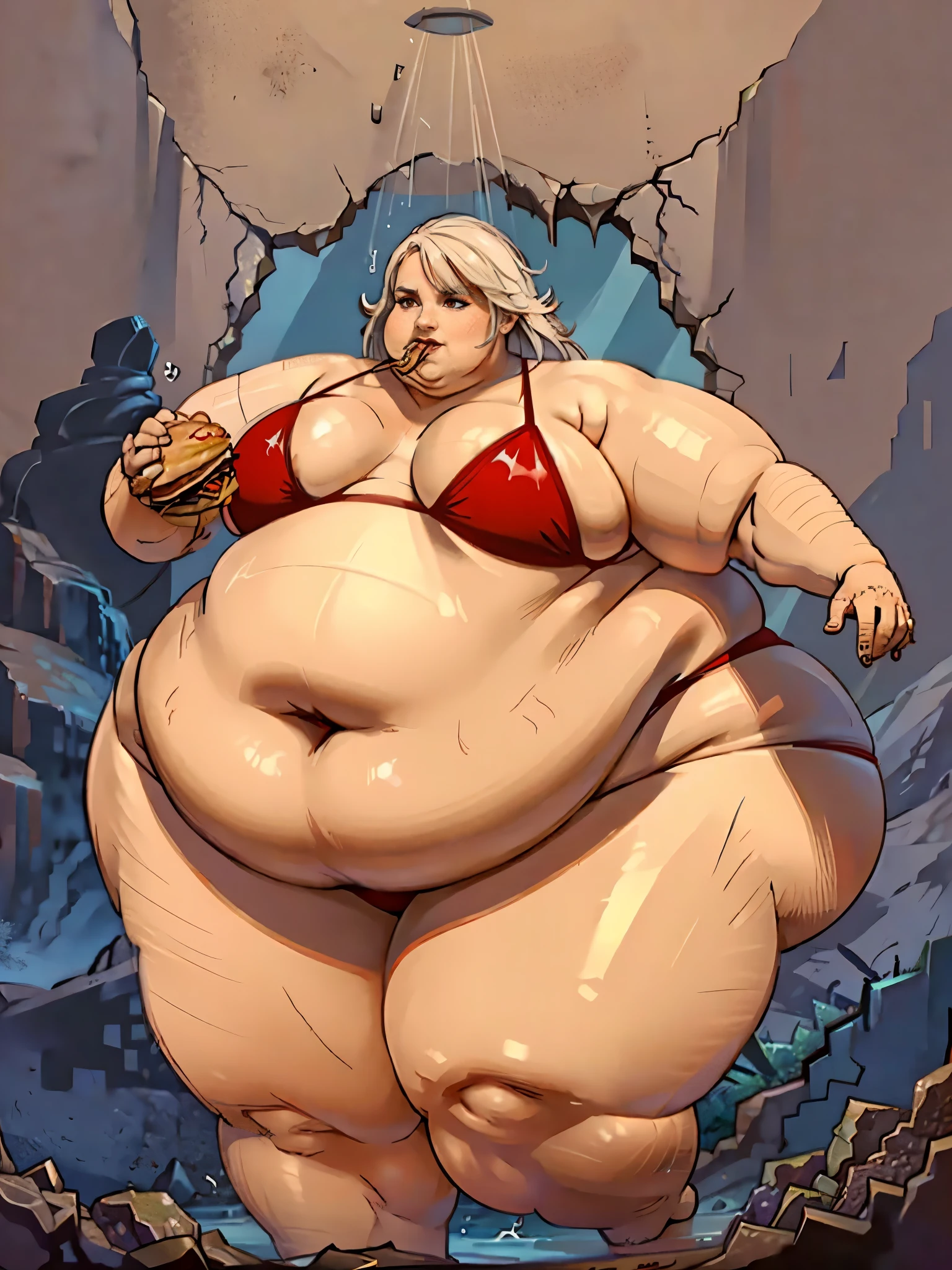 (masterpiece), dynamic lighting, (sharp focus: 1,2) , 1 SSBBW Lillia , cowboy shot, morbidly obese feedee, wearing red panties, collosal obese thighs, Chubby, full tummy, full stomach, round belly, Eating a lot, holding hamburger, eating multiple hamburgers,Very full, colossal belly almost bursting, piles of hamburgers, hamburger in the mouth, tight bikini, really full from eating so much, standing split, leg up,leg lift,standing on one leg, showing underwear