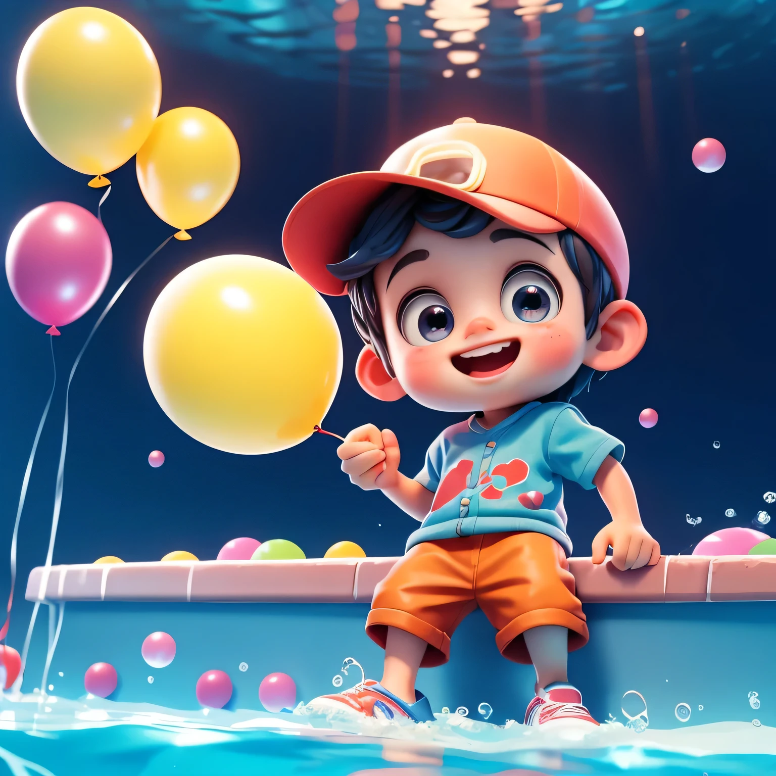 a cute little boy，Holding a balloon in his hand，In the swimming pool，Front view, Pixar style, best quality, masterpiece, Very cute, big eyes, happy，