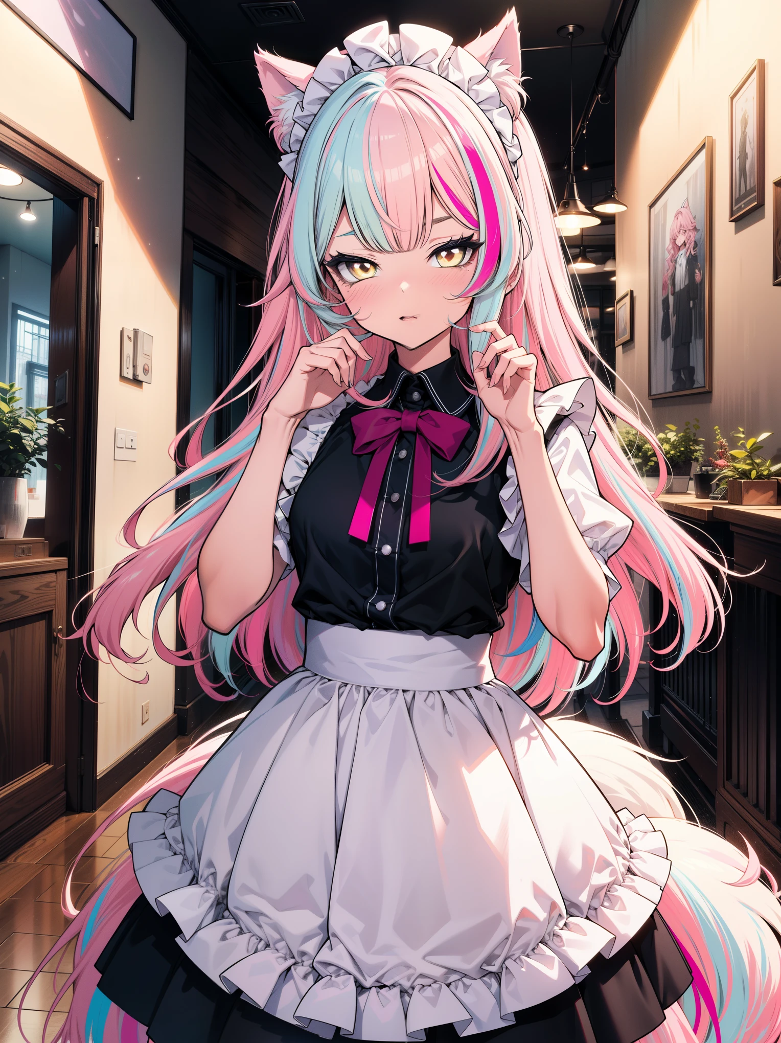 (masterpiece), (best quality), (perfect anatomy), (ultra-detailed), 1 girl, solo, cute face, (pastel color), light color, multicolored hair, light pink hair, (light blue streaked hair:1.1), wavy hair, wolf girl, devil, devil tail, Maid clothes, dynamic pose,((fashion model)), cafe scenery