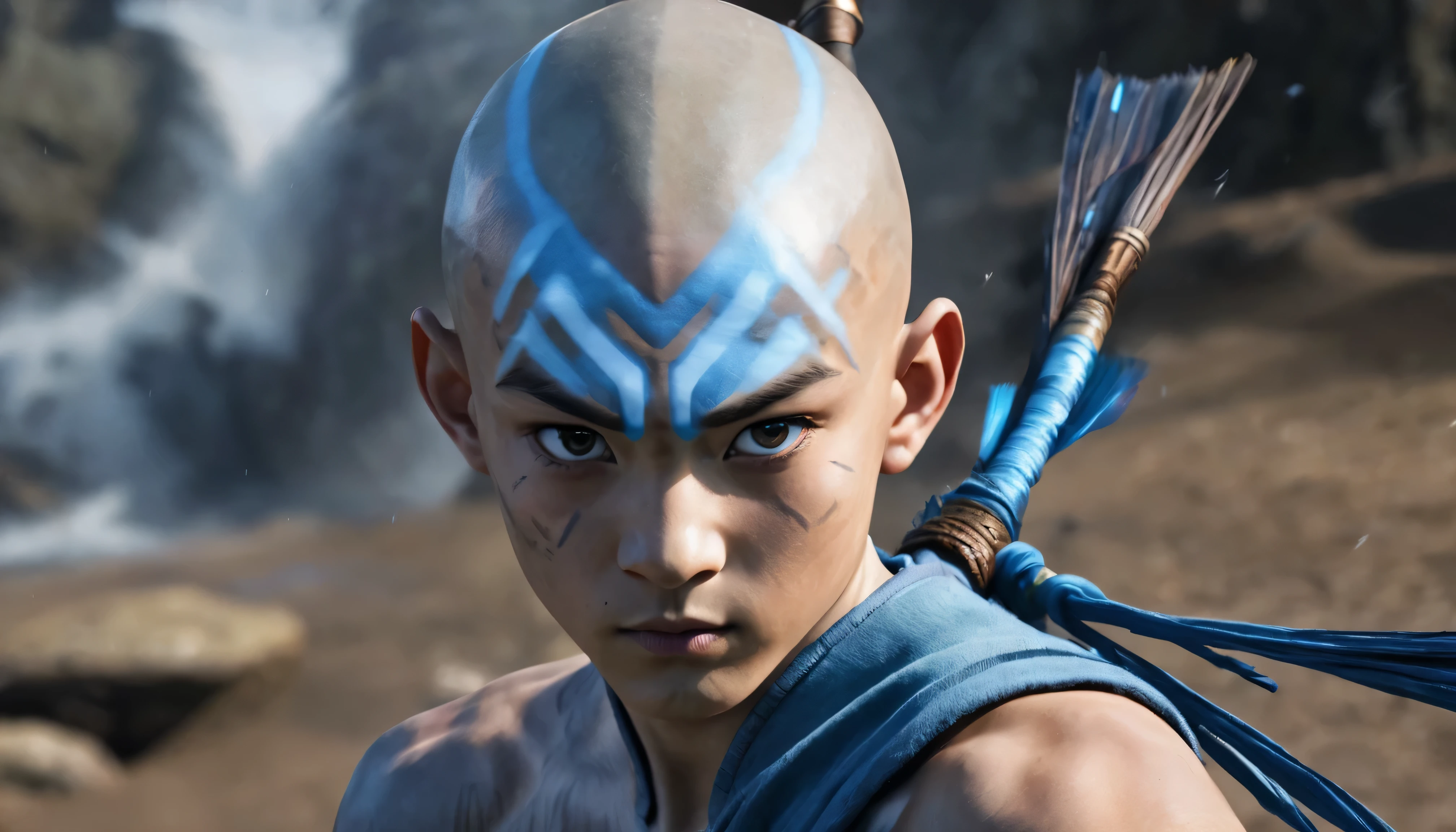 Make a realistic representation of Aang, o ultimo mestre do Ar, com a seta azul escura na testa, showing his mastery of all bending elements while in the powerful Avatar state. ultra detalhado, High definition, 8K