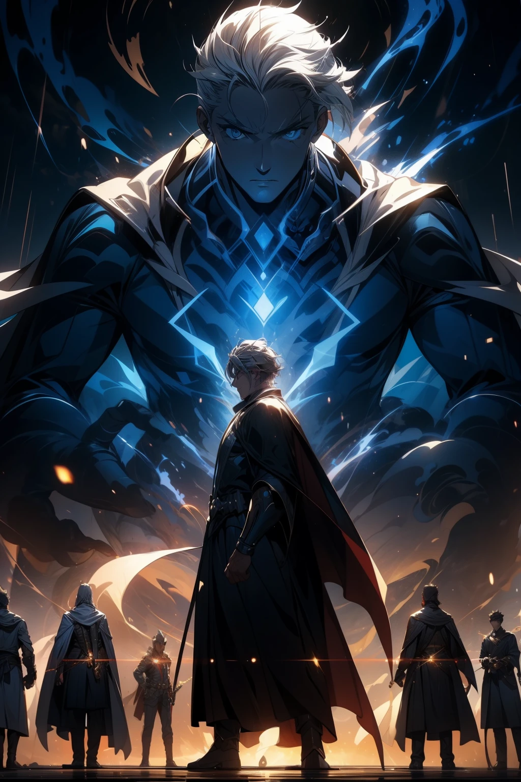 A group of heroes wearing capes among the darkness