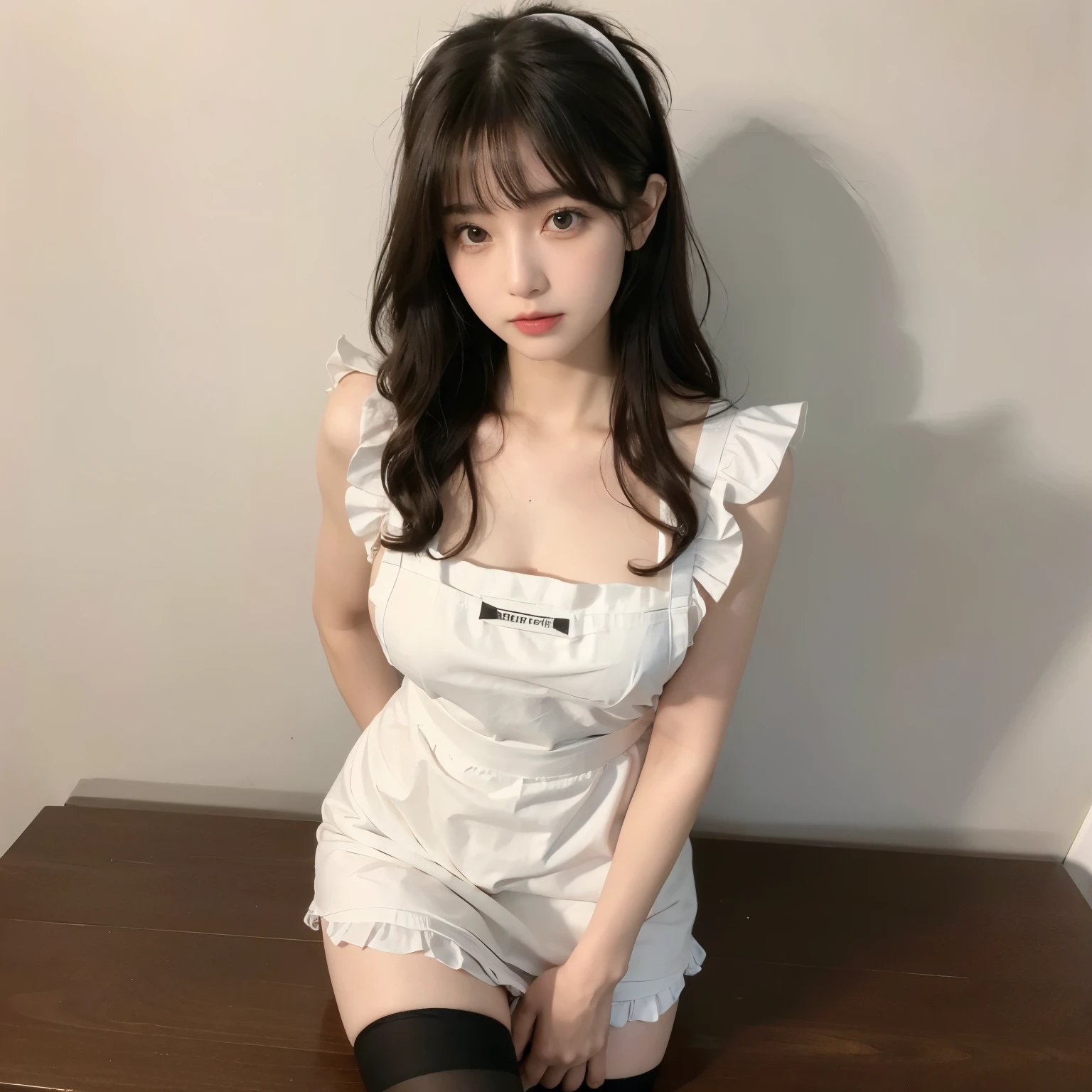 ((table top, highest quality, High resolution, nffsw, perfect pixel, 4k, nffsw, nffsw))), 1 girl, single, alone, beautiful woman、I could see the whole body、 ((wavy hair, bangs, black hair)), ((brown eyes, beautiful eyelashes, realistic eyeaid costume、maid headband、ruffle apron、no skirt、stockings、wearing an apron without a bra)),luxury hotel,white room