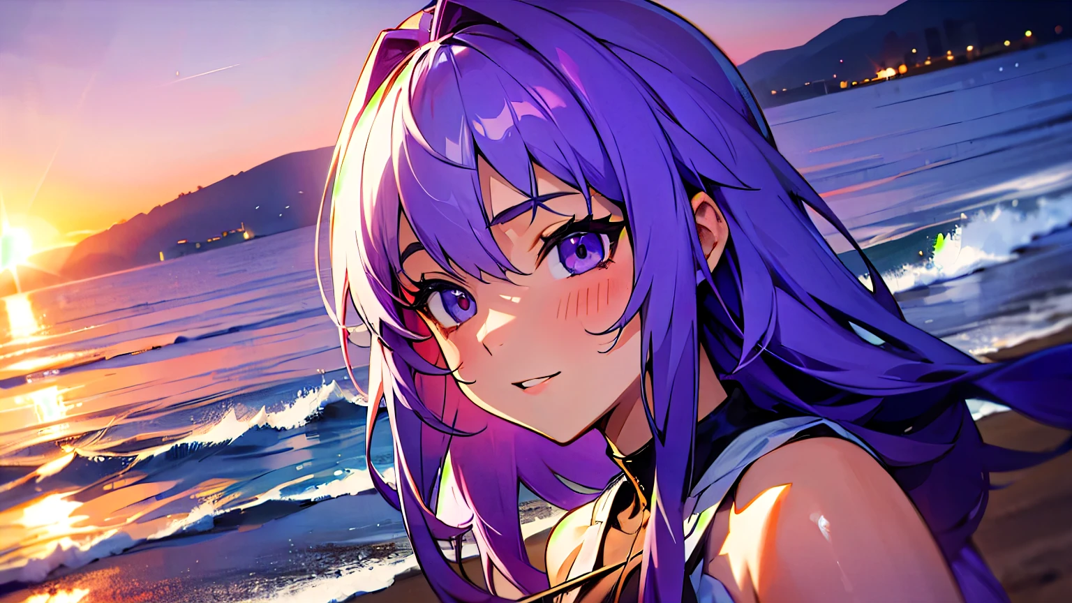 beach，seaside，Sunset，purple hair，purple eyes，8k resolution