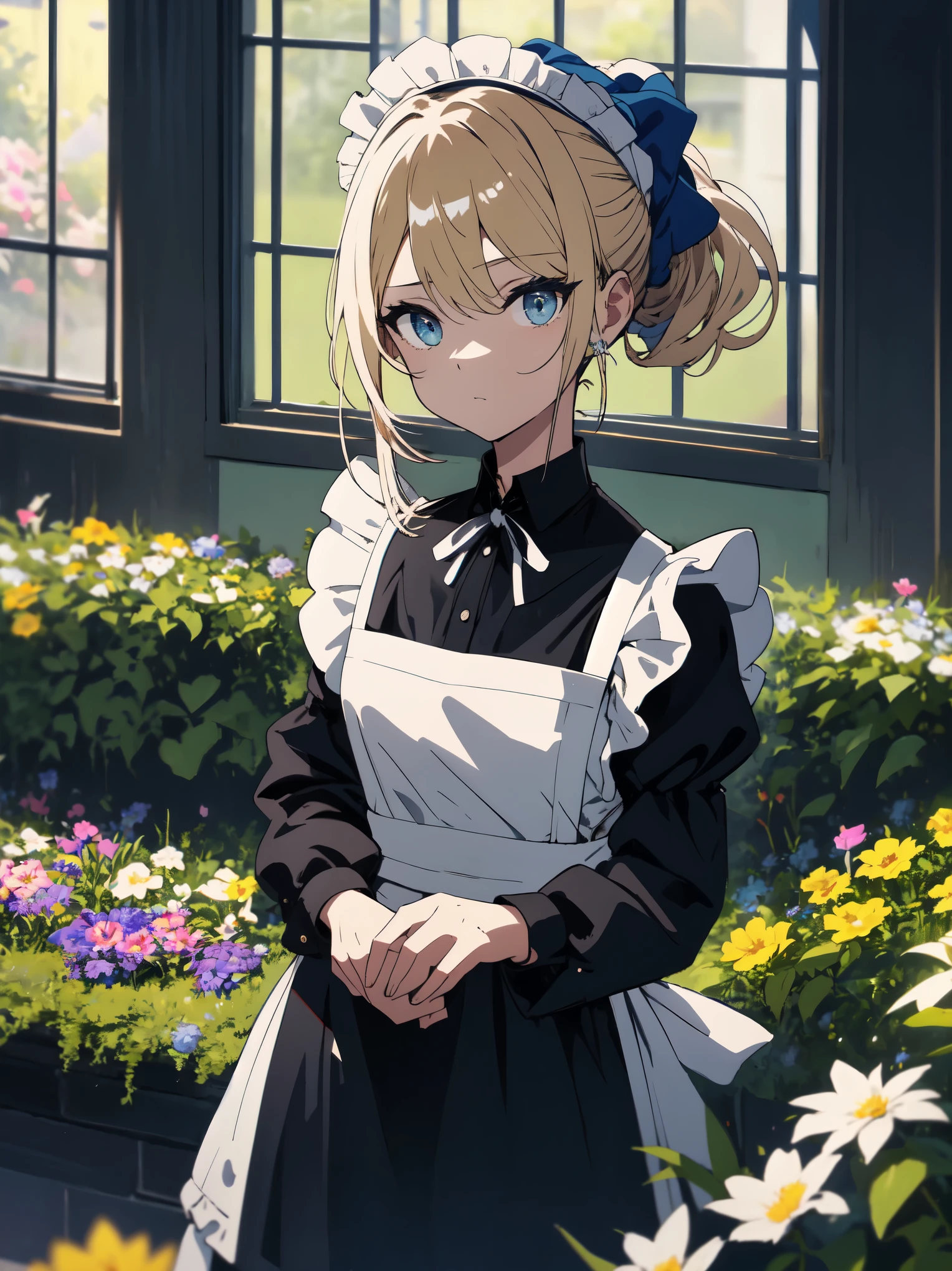 (masterpiece, highest quality, High resolution、be familiar with), (shining eyes)、1 girl,blonde hair, maid, blue eyes, side ponytail, hair scrunchie, hair ornaments, blue scrunchie, maid headdress, apron, (Mansion garden),(I am watering the flowers blooming in the flower bed.),hair between eyes, chest, long sleeve, bangs, white shirt, black dress, side lock, maid apron, black pantyhose,  cowboy shot,indoor、Western-style room、beautiful anime