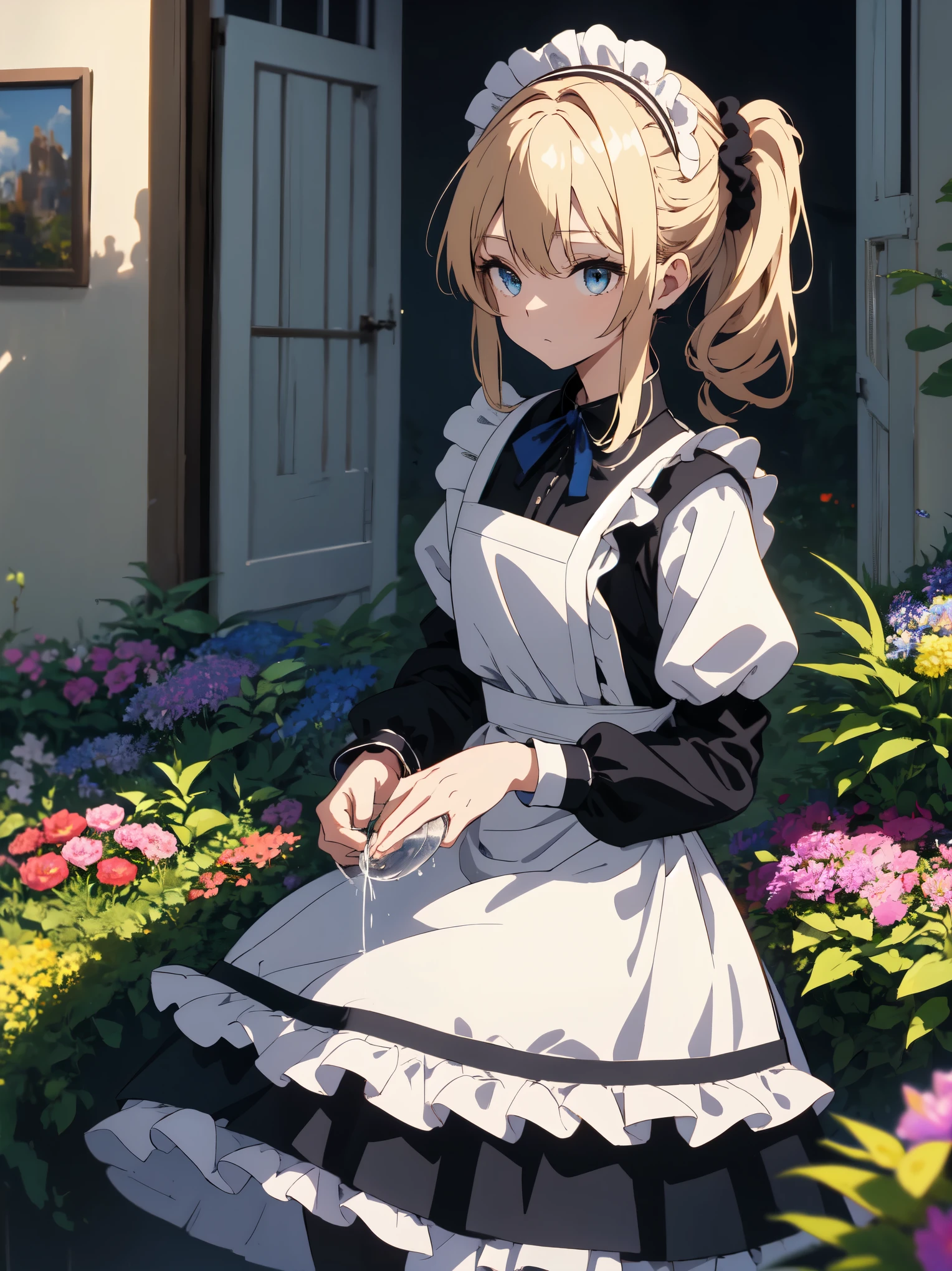 (masterpiece, highest quality, High resolution、be familiar with), (shining eyes)、1 girl,blonde hair, maid, blue eyes, side ponytail, hair scrunchie, hair ornaments, blue scrunchie, maid headdress, apron, (Mansion garden),(I am watering the flowers blooming in the flower bed.),hair between eyes, chest, long sleeve, bangs, white shirt, black dress, side lock, maid apron, black pantyhose, cowboy shot,indoor、Western-style room、beautiful anime