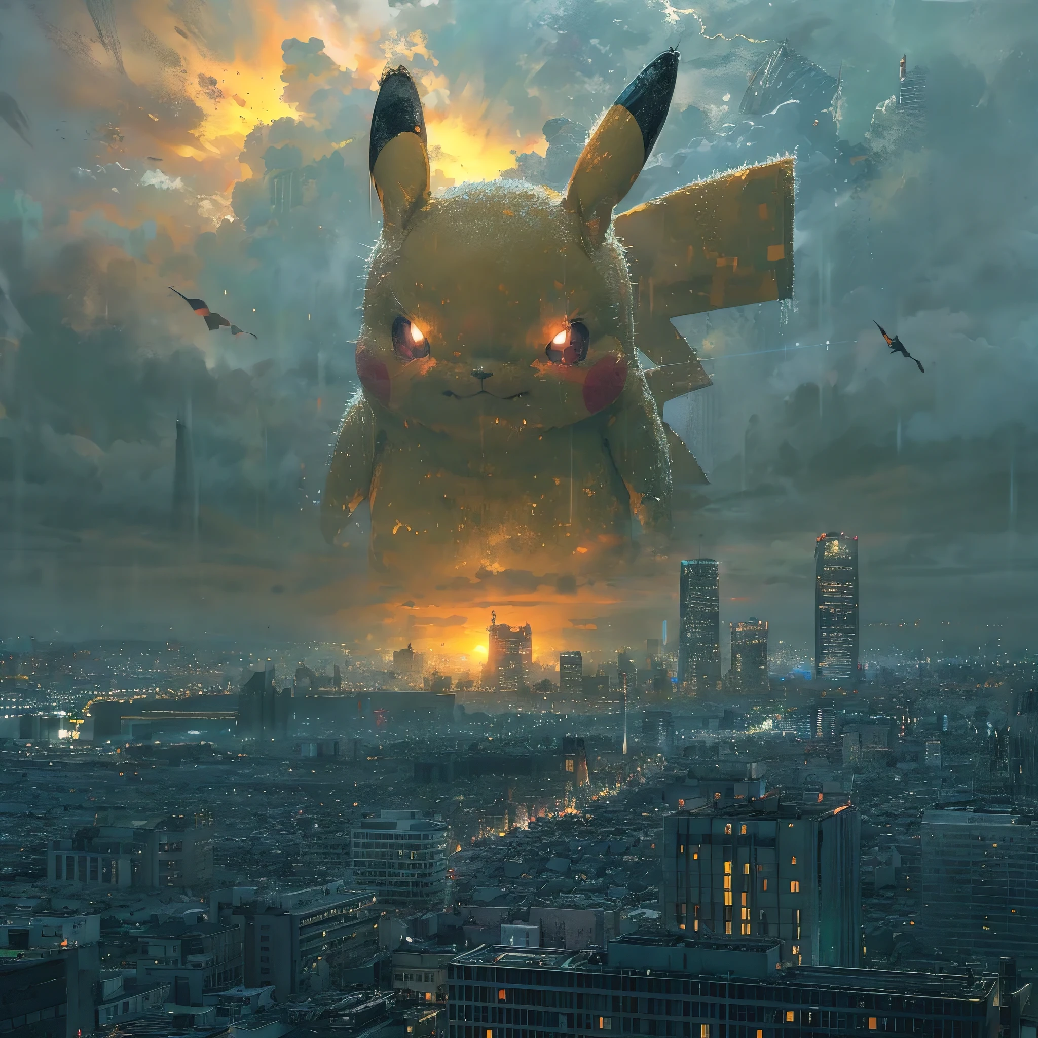 (best quality, masterpiece:1.2), a giant pikachu looming in the horizon, beyond the city skyline, massive, impending doom, ominous, elaborate details, perfect illustration
