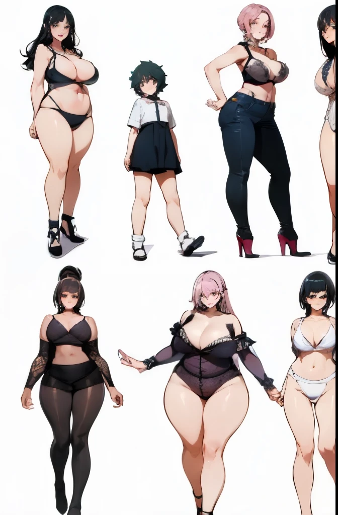 (multiple drawings of the same, beautiful plus sized woman trying on different lingerie sets), professional illustrations, anime, hentai, doujinshi, comic style, anime art style, plus-size model, sensual appeal, body-positive representation, diverse lingerie styles, flattering cuts, various colors, pastel shades, artistic illustrations, curvy silhouette, natural beauty, body confidence, character sheet, multiple drawings of one character, outfit drawings, different poses, different outfits, side by side drawings, character sketches
