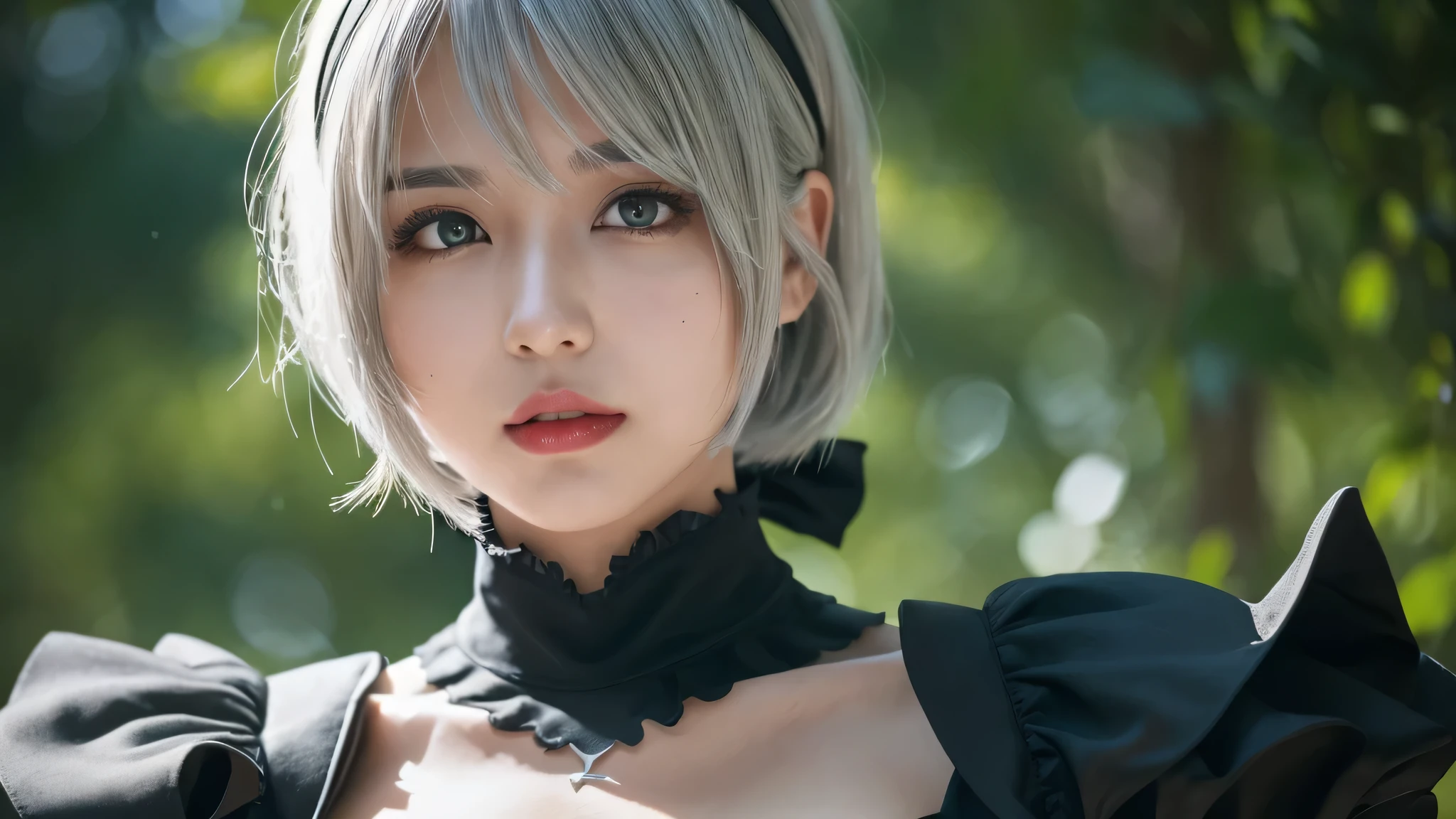 (masterpiece,highest quality,High resolution,realistic, photo realistic), 1 girl, (YoRHa type B, juliet sleeves, long sleeve, NieR (series), NieR automata, chest, cleavage, cleavage cutout, cleavage 半透明の刺繍,black costume,clothing clippings,plump sleeves,black turtleneck, ruffle skirt), green background, hair between eyes, hair band, High resolution, red lips, face with shadow, short hair, alone, whole body, silver hair, blue sky,looking at camera,dynamic pose,I have a mole on the lower left side of my chin