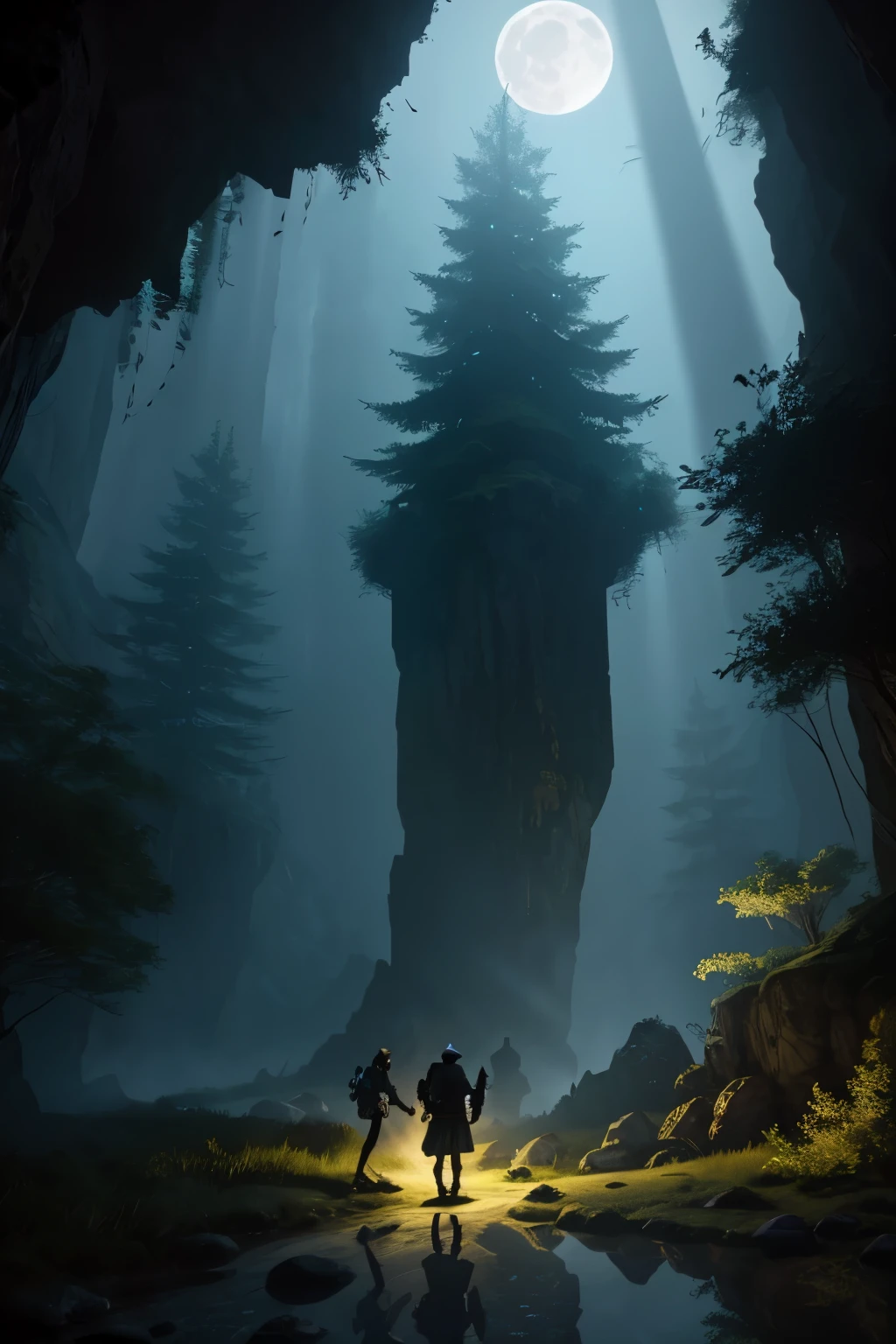 Create a masterpiece of high quality, featuring a group of heroes embarking on a mysterious and thrilling adventure. The setting is a mountainous landscape, where a hidden cave beckons under the light of the moon and the expansive night sky. The atmosphere is magical and mysterious, reflected in the strong title, bold font, and the author's name.

The heroes, with determined faces, venture forth into the depths of the cave, guided only by the light of their torches. The mysterious forest surrounds them, with misty air and exotic wildlife adding to the sense of adventure. The suspenseful scene is brought to life through dynamic lighting and high-quality shadows, as the heroes prepare for an action