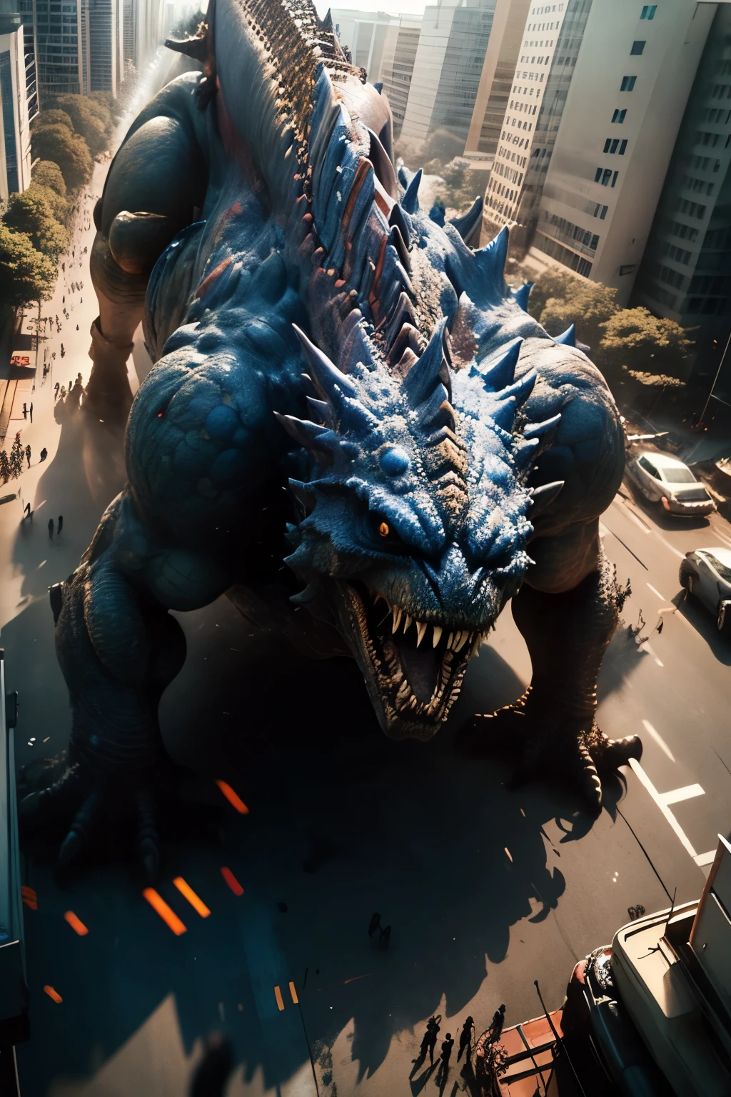 (best quality,masterpiece,highres,detailed), Godzilla, Fighting giant monsters, in the city,