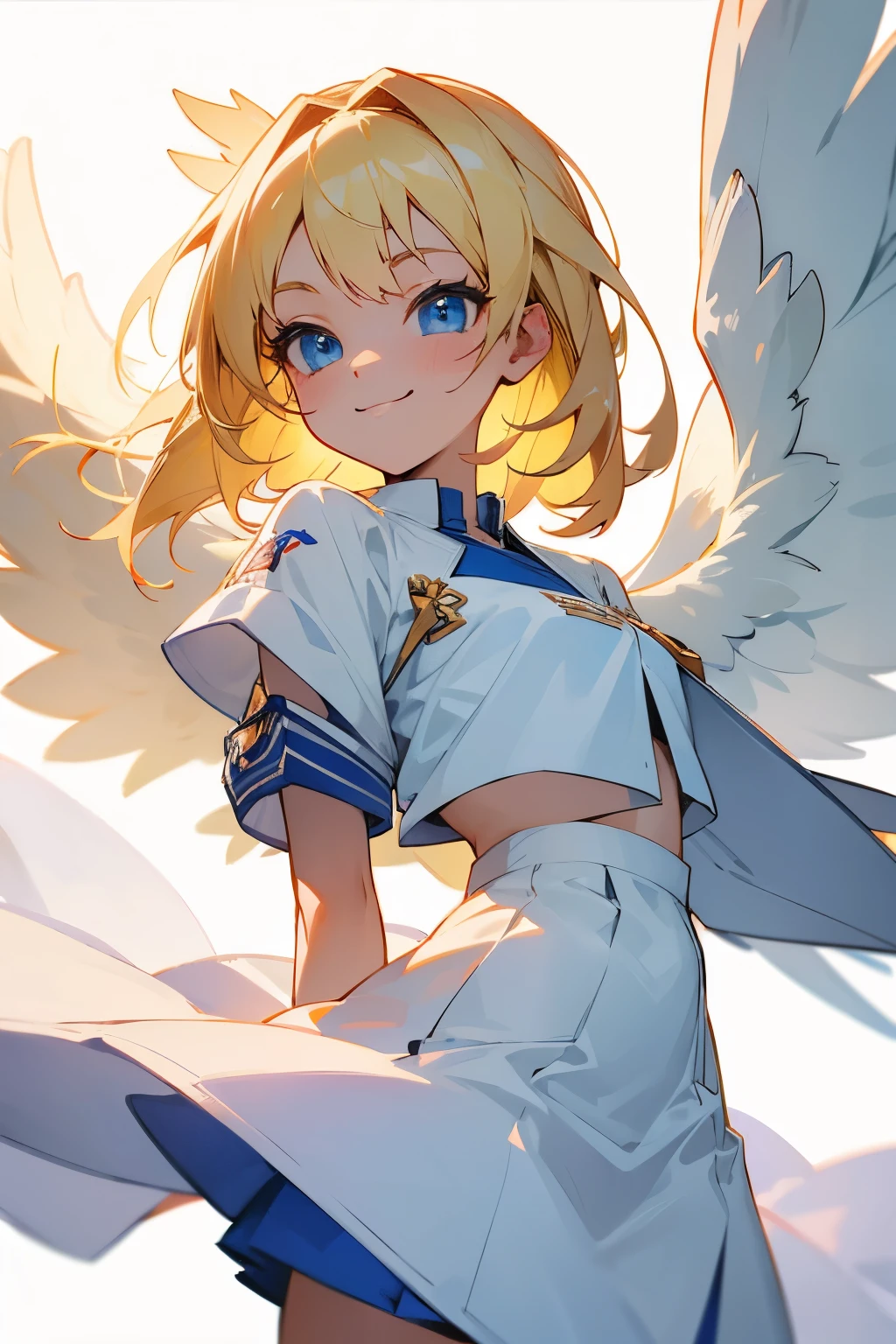 Cute girl, blonde hair, blue eyes, cute smile, white clothes, wings, angel, beautiful slim waist