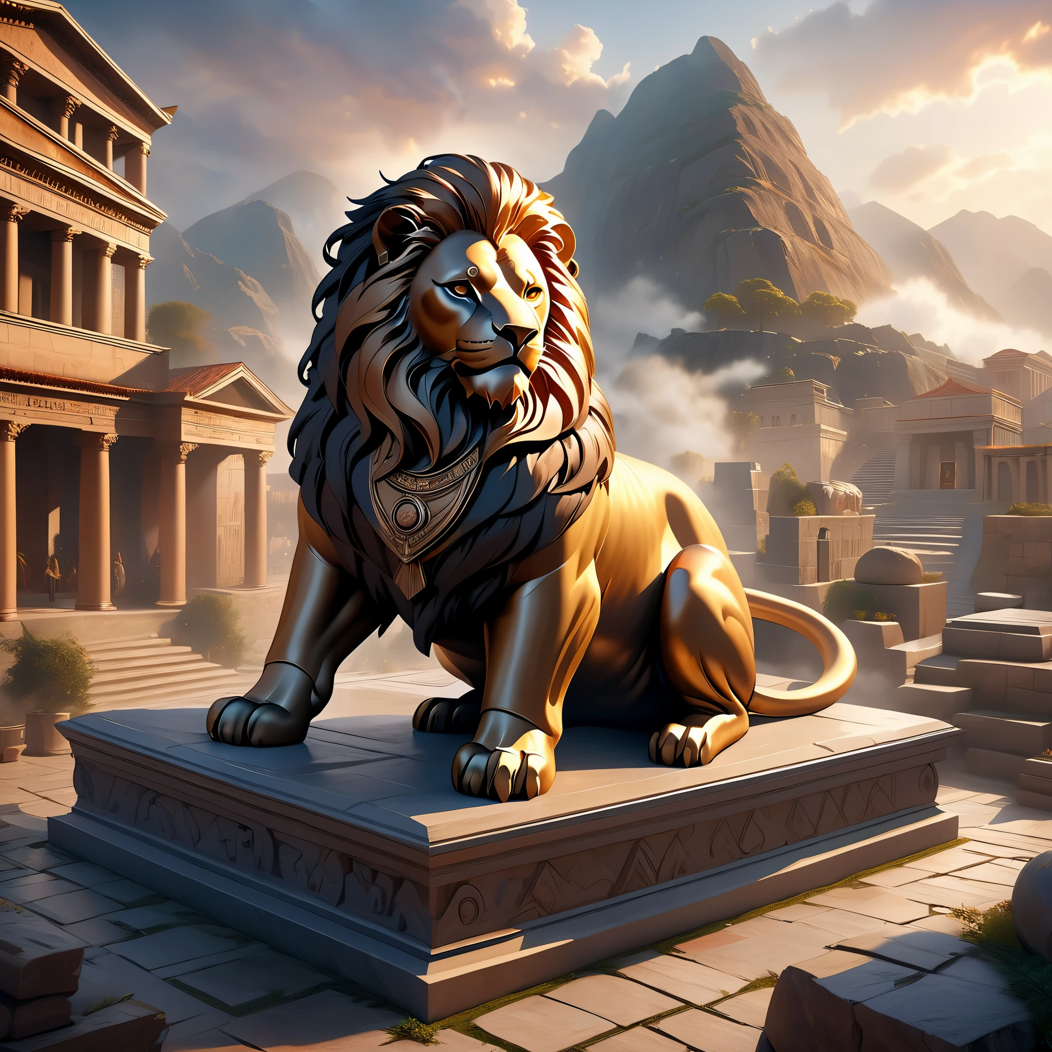 A sphinx, mythical creature, lion body with human head, sitting on a stone, with a mysterious expression, surrounded by an ancient Greek city, old buildings, enveloped in mist. (best quality,4k,8k,highres,masterpiece:1.2), ultra-detailed, (realistic,photorealistic,photo-realistic:1.37), portraits, HDR, studio lighting, physically-based rendering, extreme detail description, professional, vivid colors, bokeh, ancient art style, warm color tones, mystical lighting.